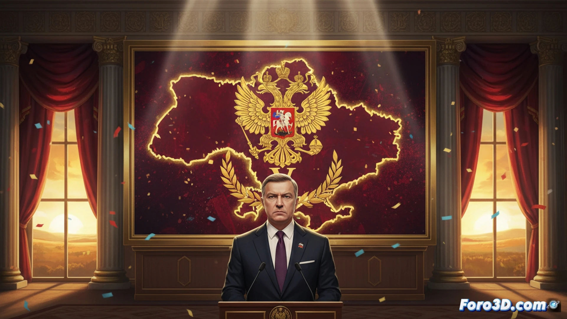 Dmitry Peskov, de pie ante el Kremlin, anuncia victoria rusa en Ucrania, con soldados ondeando banderas.
