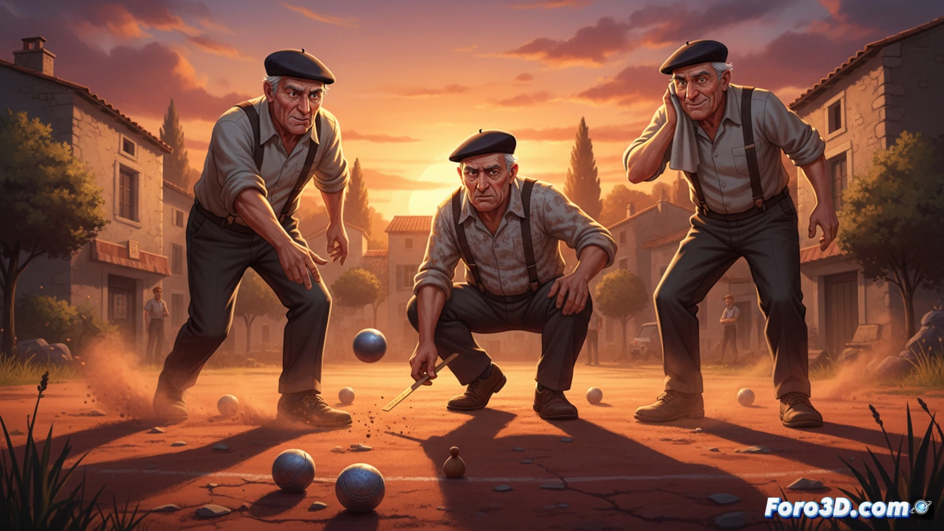 close-up shot of elderly hands gripping polished steel petanque balls, veins visible, intense focus during a throw at sunset, golden hour light casting long shadows on dusty gravel court, boina hats tilted back, sweat glistening on wrinkled foreheads, opponent's ball being struck mid-air with metallic clang, cinematic photorealistic style, sharp depth of field, warm amber tones, dust particles floating in backlight, weathered wooden scoreboard in background, tension in facial expressions, hyper-detailed skin texture, dramatic low-angle perspective