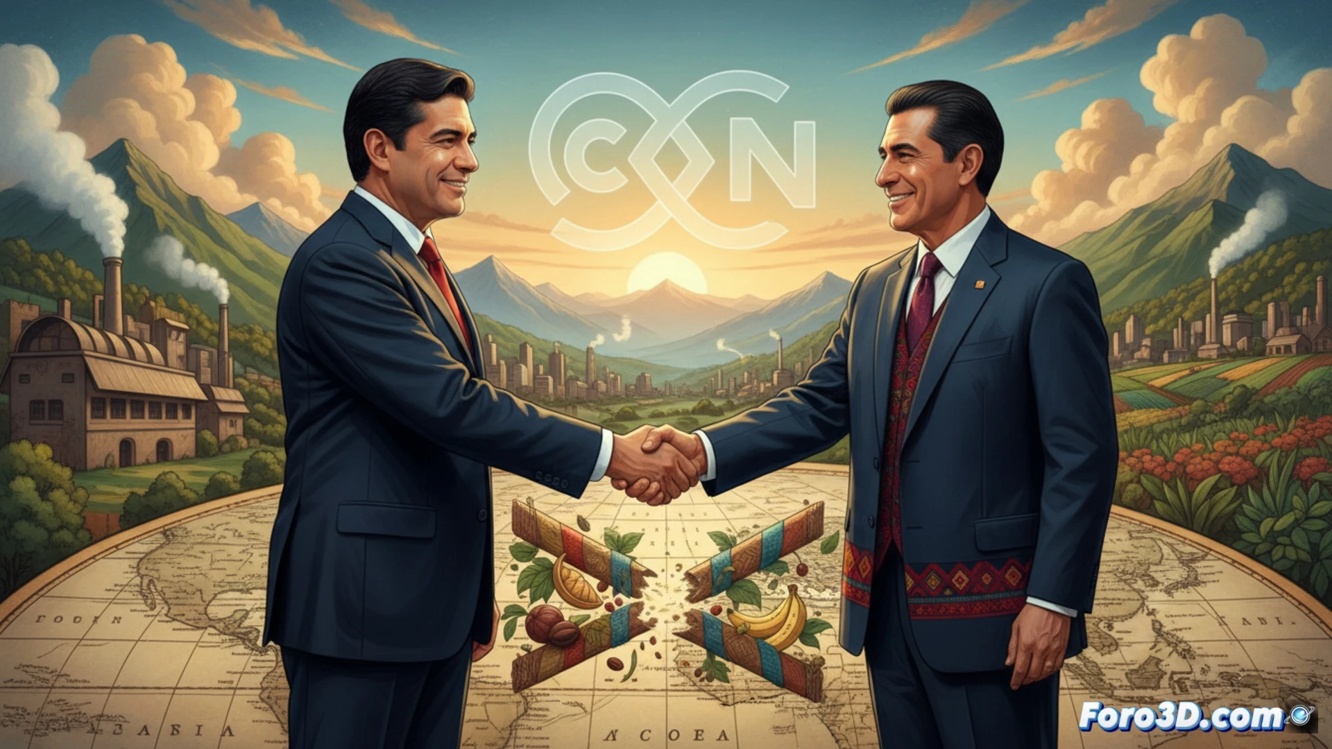 Gráfico muestra a Petro y delegados de la CAN en mesa redonda, quitando un sello de aranceles sobre un mapa de Ecuador.