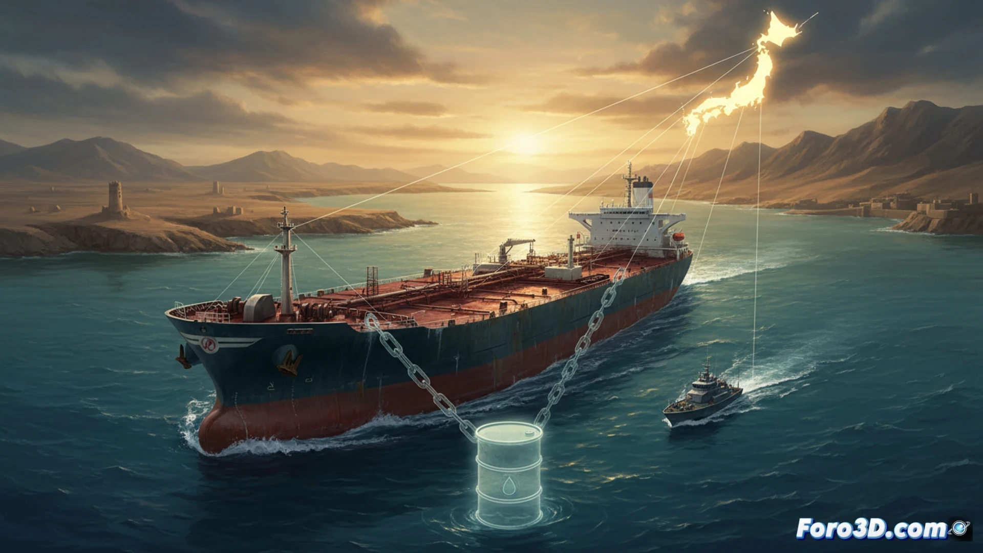 large crude oil tanker crossing narrow Strait of Hormuz at dawn, bow cutting through dark blue water with white wake, visible radar and navigation antennas on bridge, crew members in orange life vests on deck monitoring horizon, distant Iranian coastline with rocky cliffs and military installations, oil terminal loading arms visible in background, cinematic photorealistic engineering visualization, dramatic golden sunlight reflecting off hull, realistic ocean waves, industrial maritime atmosphere, ultra-detailed ship structure and deck equipment, wide-angle perspective emphasizing vulnerability of vessel in strategic chokepoint