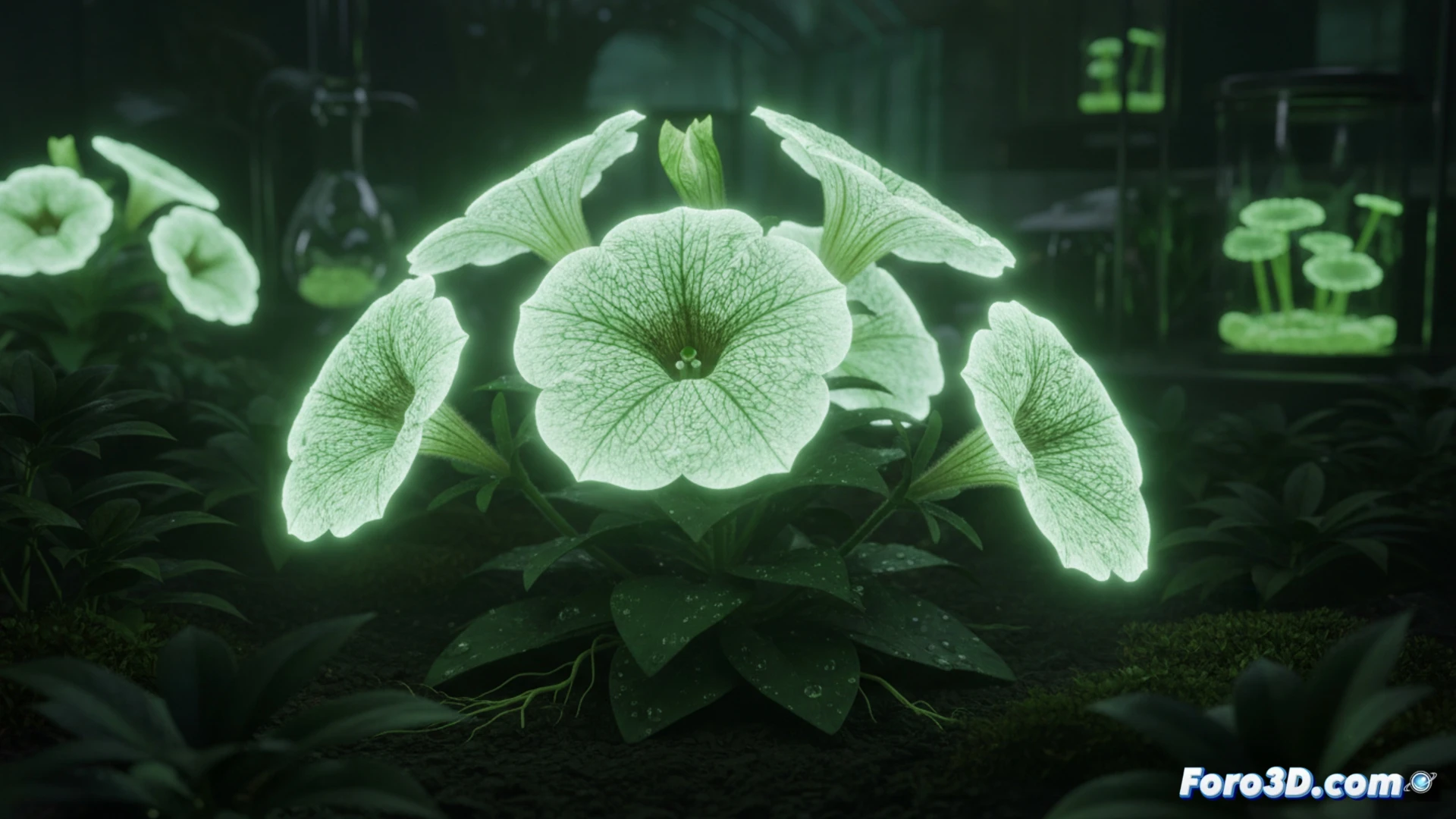 Modelado 3D de petunia bioluminiscente emitiendo luz verde en oscuridad, con detalle molecular de enzima luciferasa
