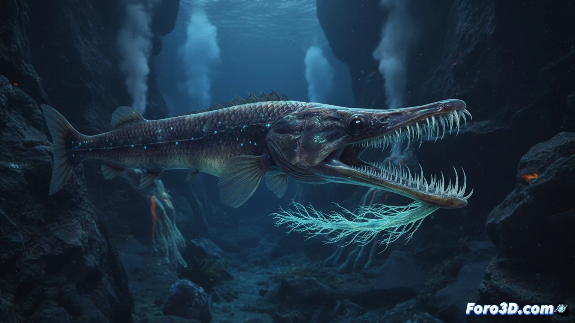 Pez Dragon de Nazca Stomias modelo 3D anatomia abisal bioluminiscencia depredador fosas oceanicas