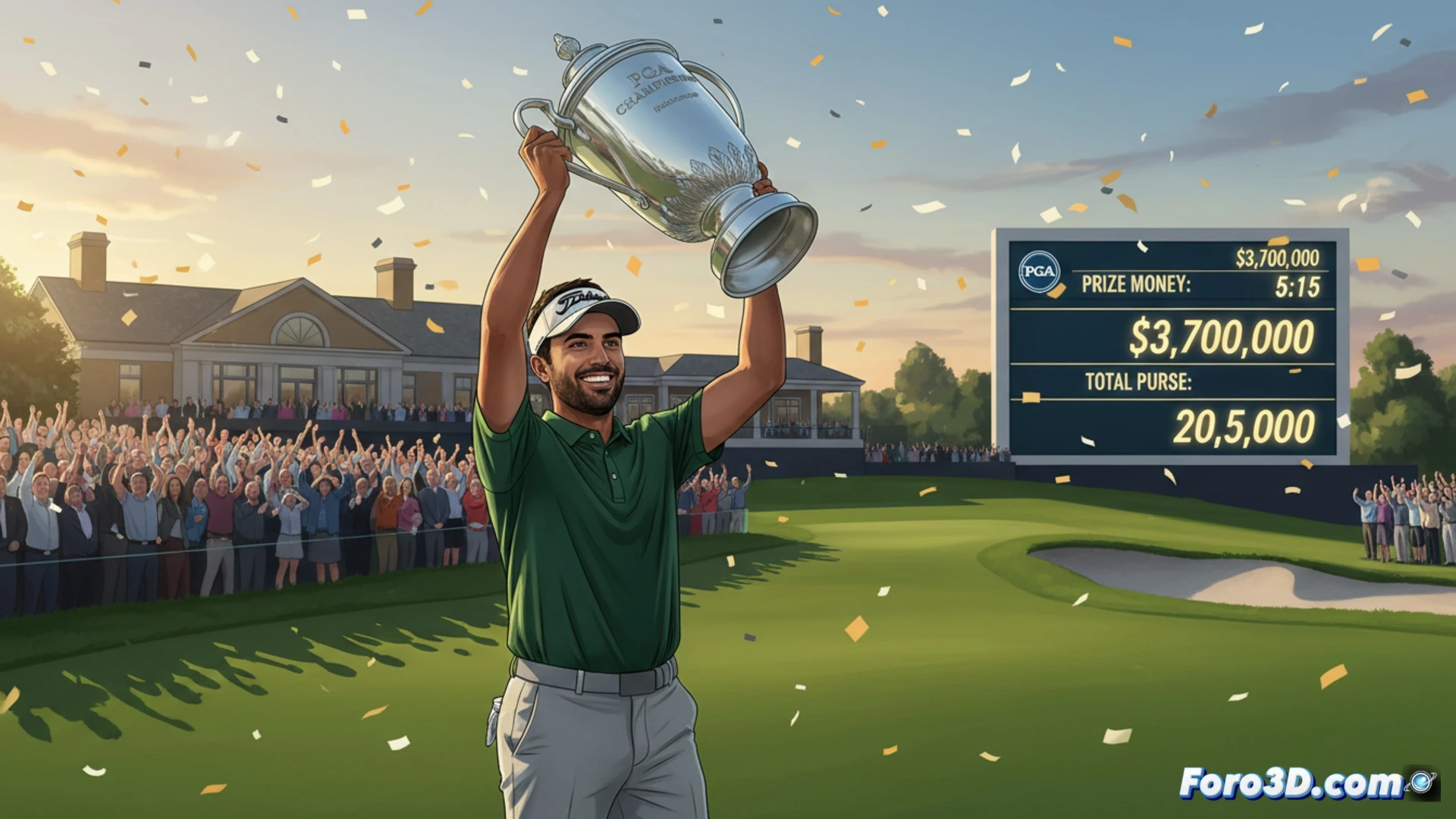 Professional golfer executing a powerful swing on a sunlit fairway, golf club head striking a ball mid-impact, grass turf debris flying upward, foreground showing a luxury watch on the wrist displaying digital financial data overlay, background featuring a large leaderboard with glowing prize pool figures in millions, photorealistic sports illustration, dramatic sunlight highlighting sweat and muscle tension, ultra-detailed golf equipment texture, green and gold color palette, cinematic depth of field, motion blur on ball trajectory, hyperrealistic skin and fabric detail