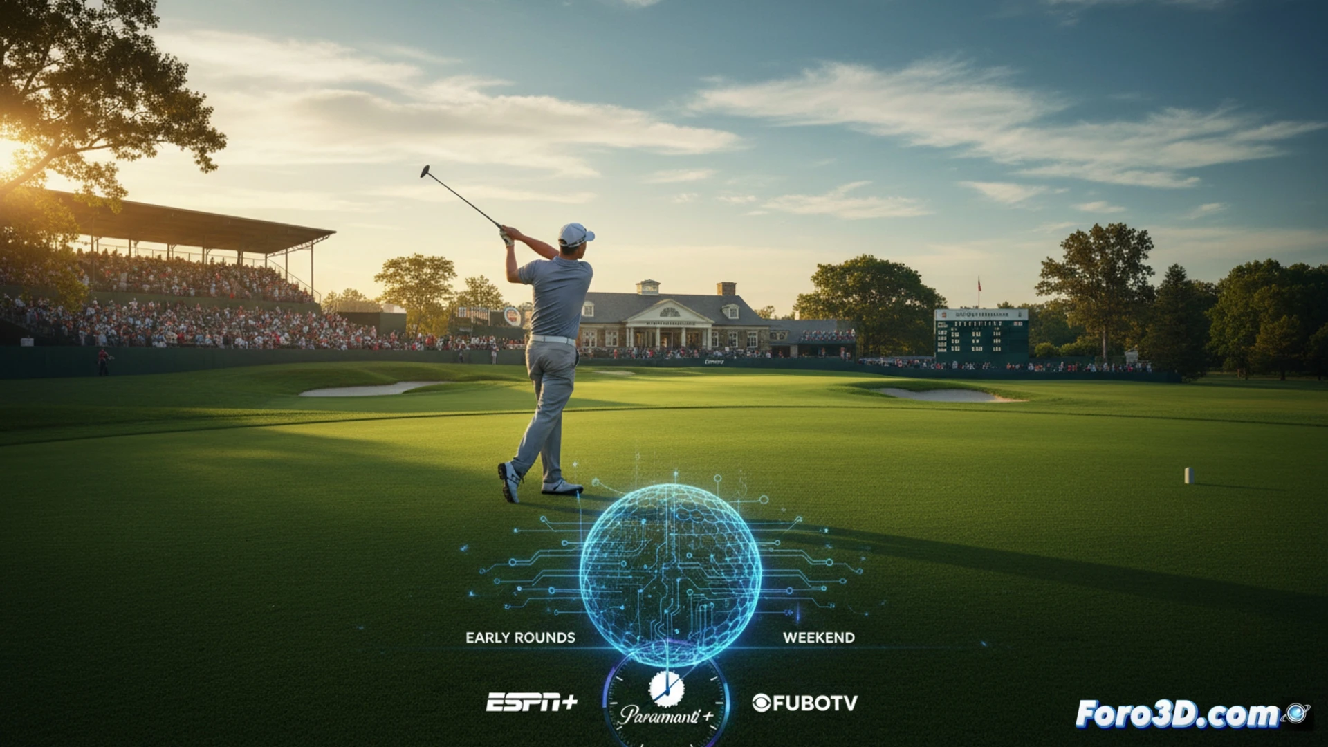 Vista aérea del Aronimink Golf Club en Filadelfia, con banderas de torneo y pantallas de ESPN y CBS sobre el green.