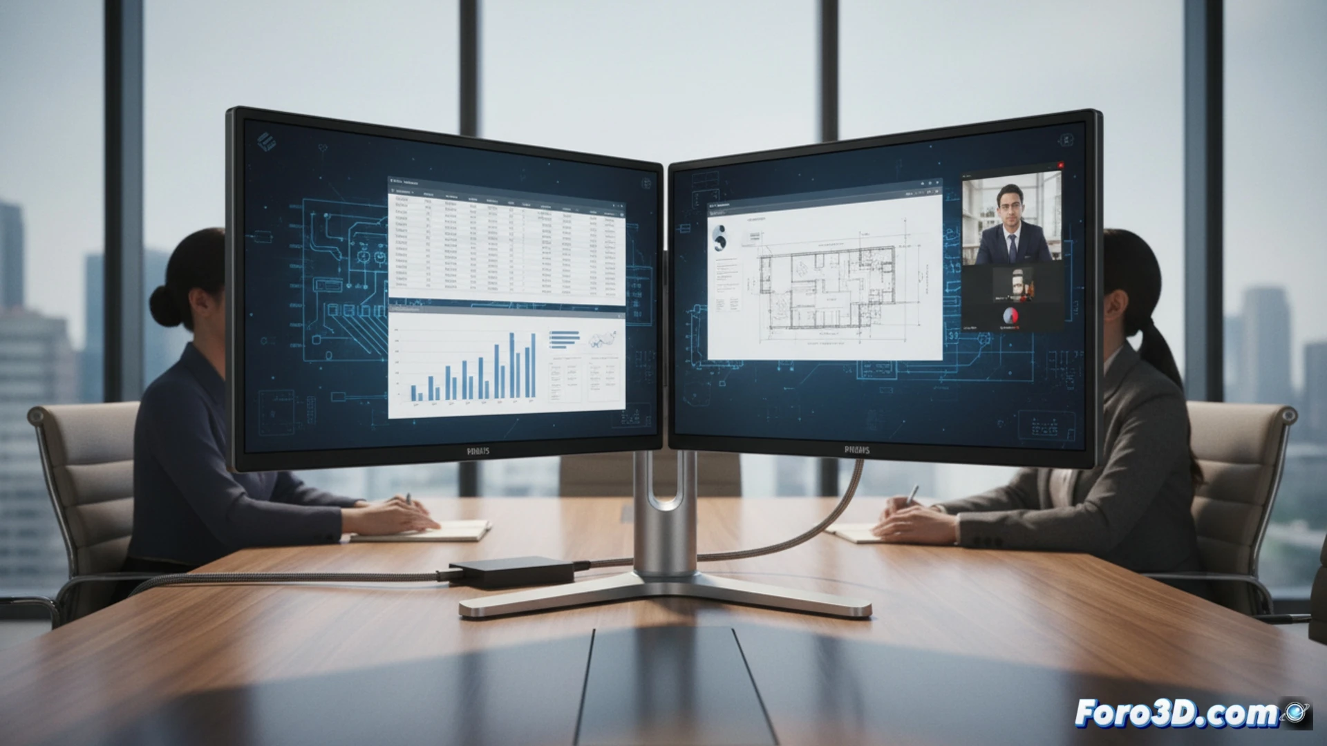 Philips dual-sided monitor on a desk, two colleagues facing each other, one pointing at content visible on the opposite screen, USB-C cable connected to a laptop, HDMI cable attached, 180-degree rotating base in mid-turn, modern office environment with soft ambient light, cinematic product photography style, photorealistic technical visualization, sleek black bezels, subtle screen reflections, collaborative action demonstrated, clean minimalist workspace, professional lighting highlighting the dual-panel design