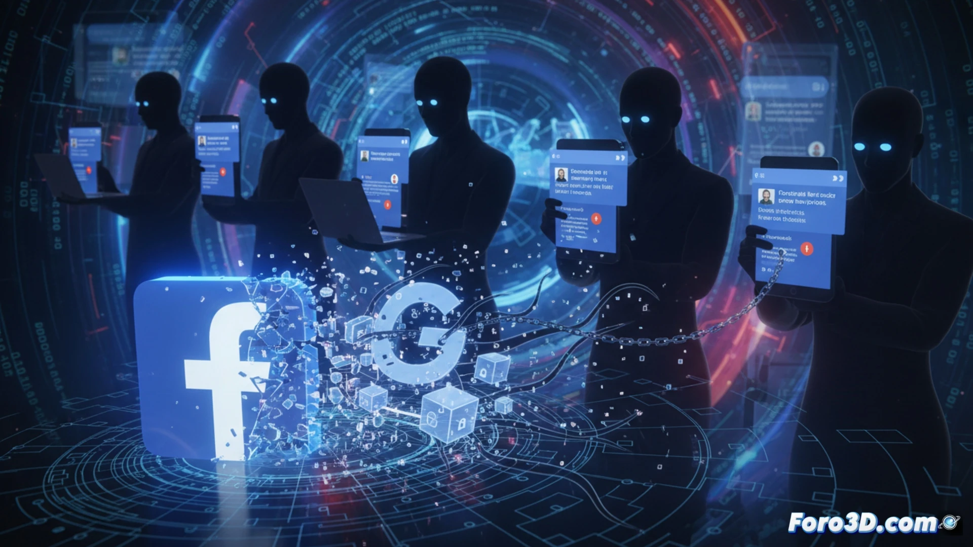 Un usuario cae en phishing en Facebook falso con AppSheet, mostrando pantalla de credenciales robadas y notificaciones engañosas.