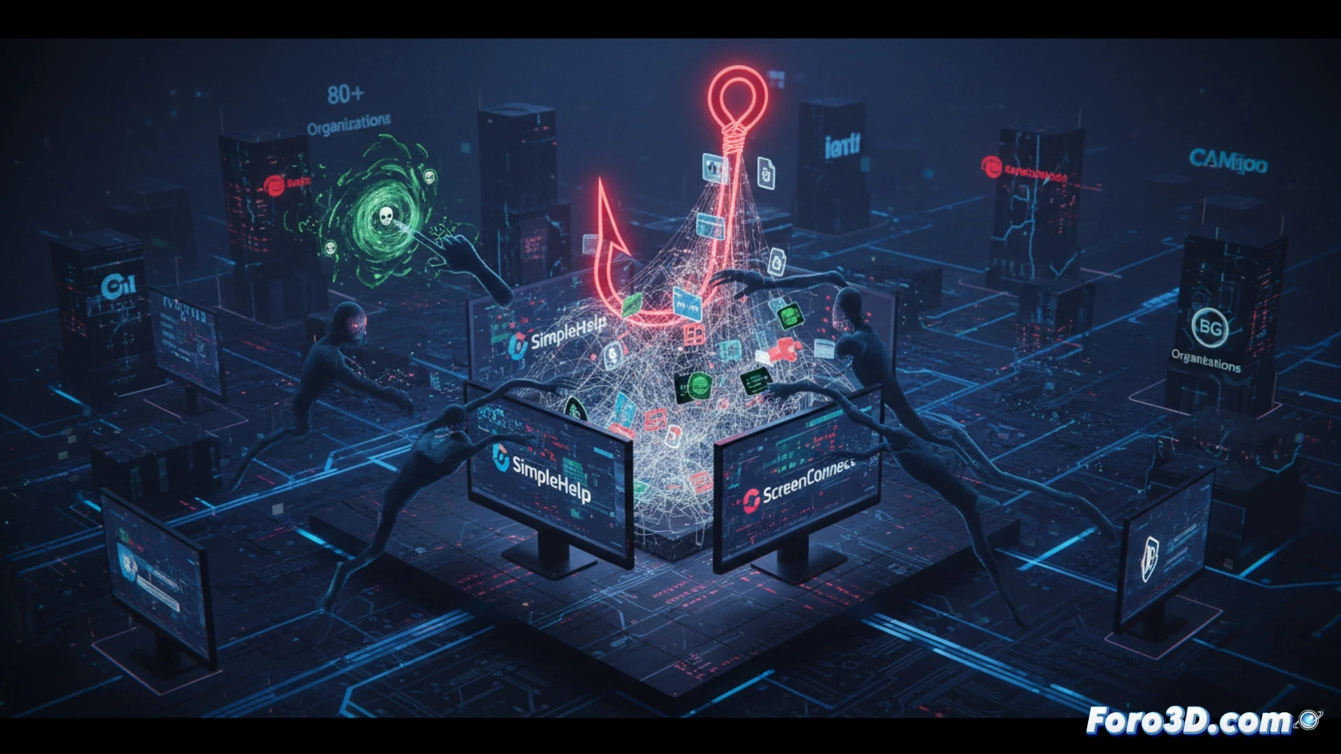 Descripción para imagen: Pantalla de PC con ventanas de SimpleHelp y ScreenConnect abiertas, sobre fondo oscuro con iconos de candado roto y datos robados.