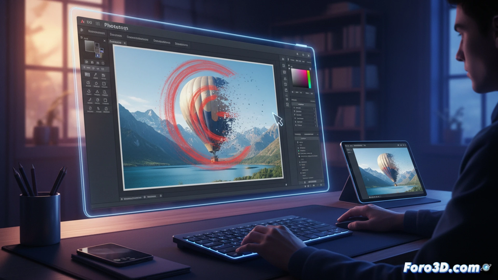 Photorealistic workspace scene showing a designer s hand using a stylus on a graphics tablet, painting over a distracting object in a landscape photo, while the object dissolves into pixels and the background regenerates instantly, a laptop nearby displays Photoshop 27.7 interface with the local AI processing icon active, no internet connection symbol visible, clean desk setup with Wacom tablet and MacBook, soft studio lighting, ultra-detailed textures on the screen and tablet surface, cinematic technical illustration style, demonstrating the offline AI elimination process