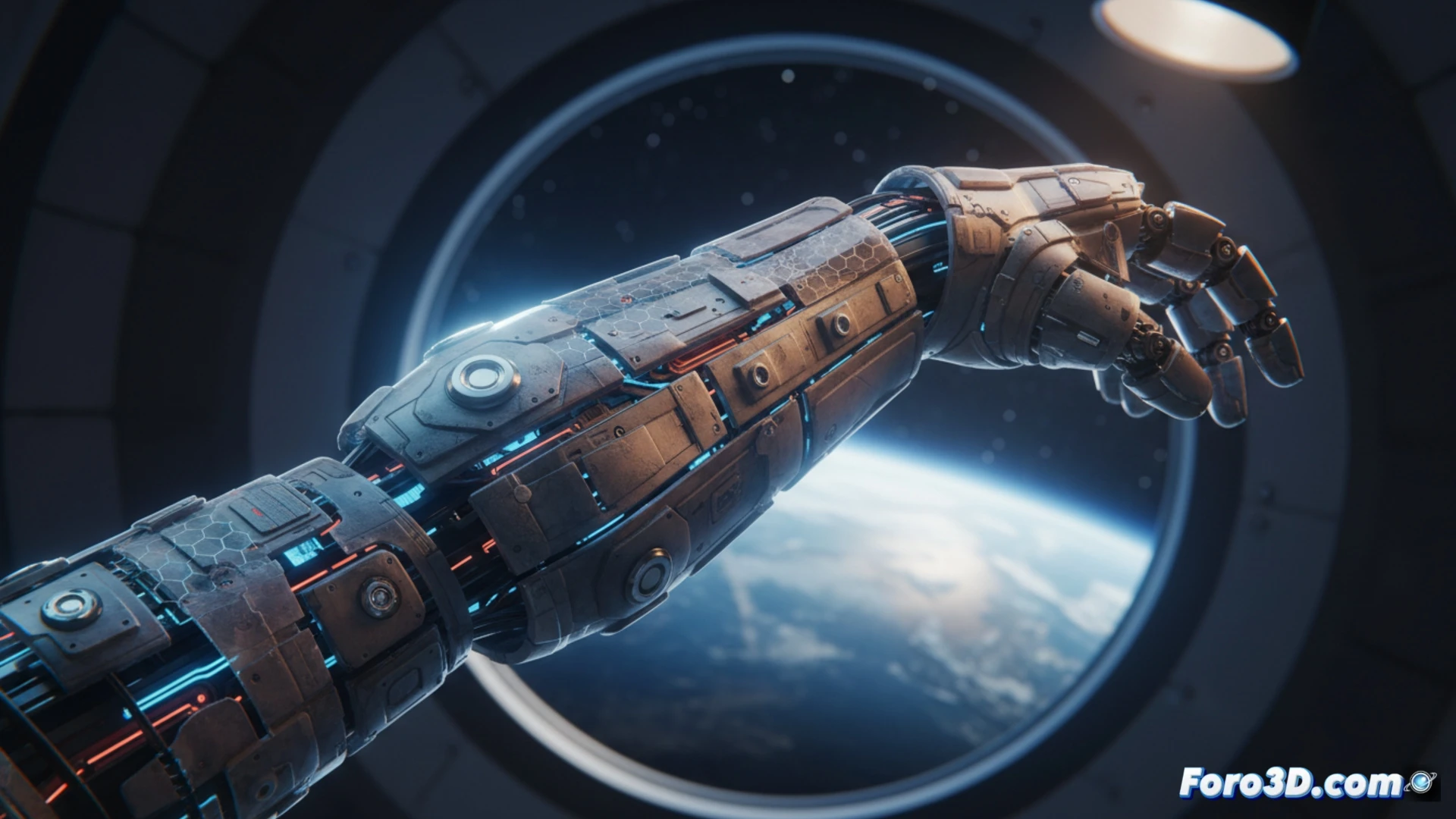 brazo robótico espacial metálico en primer plano, piel inteligente translúcida siendo aplicada mediante impresión 3D, capas visibles de sensores de colisión y cableado flexible integrados, polvo lunar flotando alrededor mientras el brazo se mueve lentamente, fondo oscuro con estrellas y módulo espacial, ingeniería de precisión, iluminación dramática desde un panel solar cercano, texturas de andamio impreso en capas, estilo cinematográfico fotorrealista