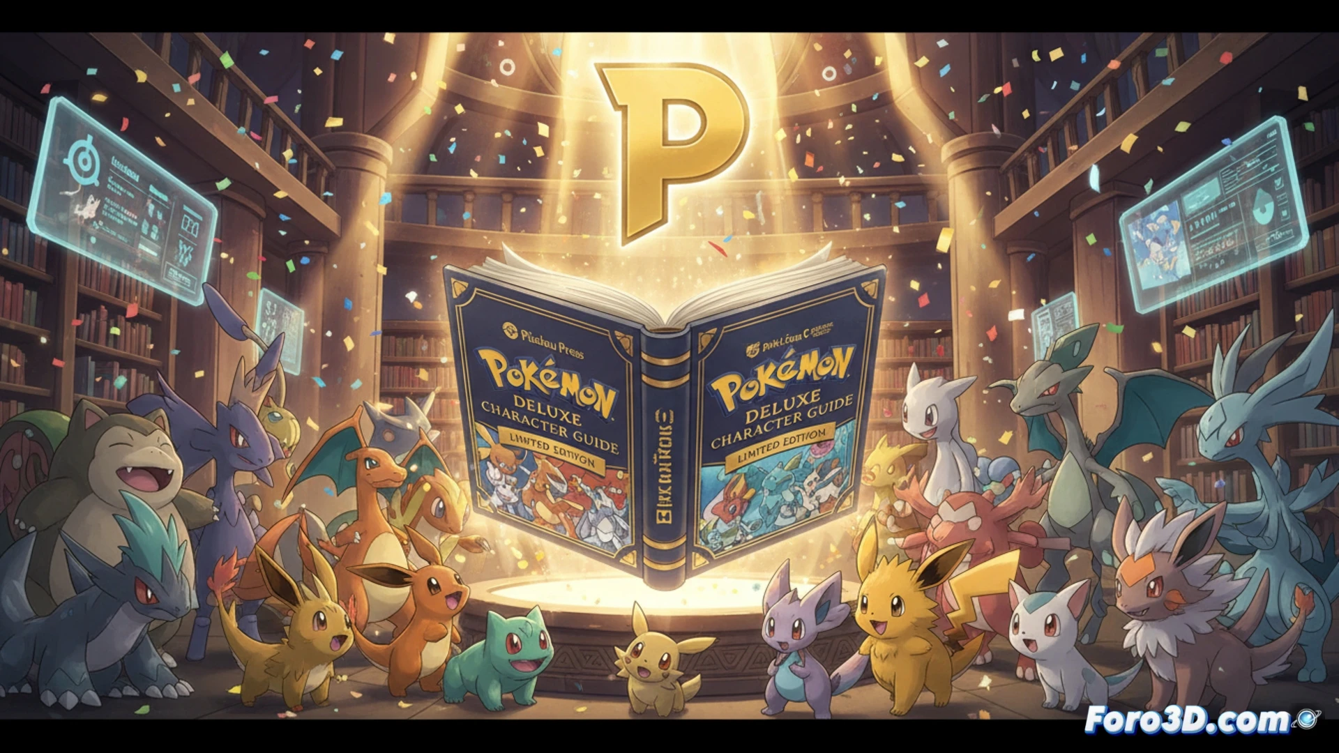 Una edición limitada de la guía Pokémon, con estuche metálico, muestra a Pikachu rodeado de criaturas de la Pokédex Nacional.