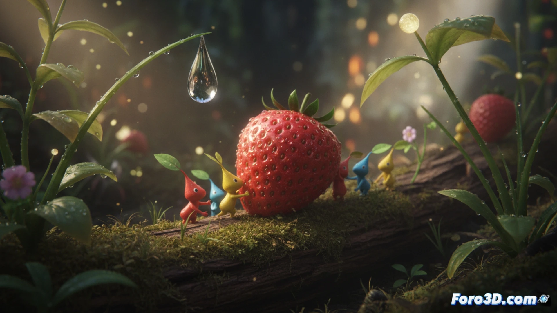 Pikmin 4 con iluminacion global en Unreal Engine 4, detalle macro de frutas y hojas hiperrealistas