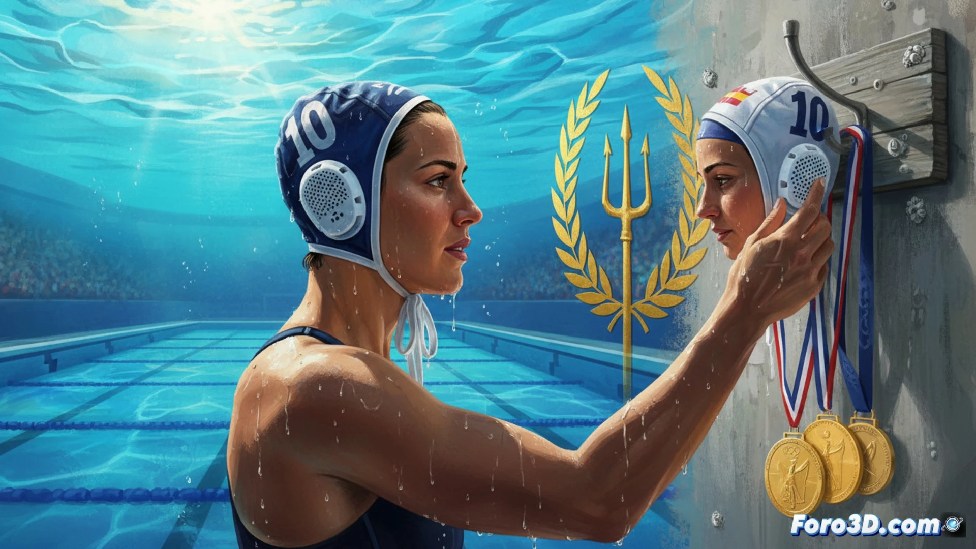 water polo player silhouette mid-shot with arm raised holding a white cap, pool water splashing around her body, teammates blurred in background celebrating, dramatic stadium lights reflecting on wet surface, emotional farewell scene, cinematic sports photography style, high contrast lighting, water droplets frozen in motion, deep blue pool tones, photorealistic athletic portrait, golden hour rim lighting on athlete skin
