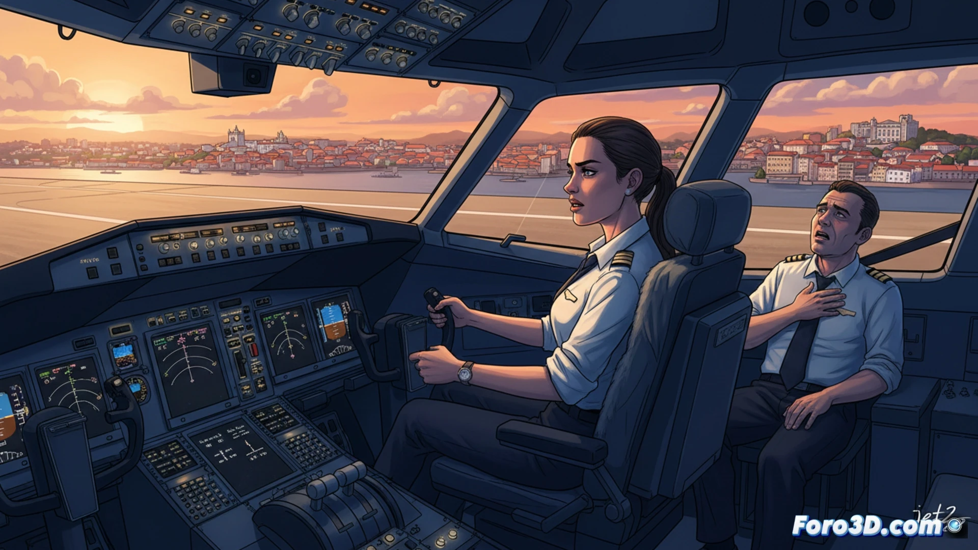 Jet2 Boeing 737 cockpit interior, copilot gripping yoke while descending toward Porto runway at dusk, pilot slumped in seat with oxygen mask dangling, medical kit open on center console, glowing instrument panel showing emergency mode, runway lights visible through windshield, copilot communicating on radio while monitoring altitude, dramatic sidelighting emphasizing urgency, photorealistic cinematic aviation scene, metallic cockpit reflections, sweat on forehead visible, tense action captured mid-maneuver, ultra-detailed technical cockpit with switches and displays
