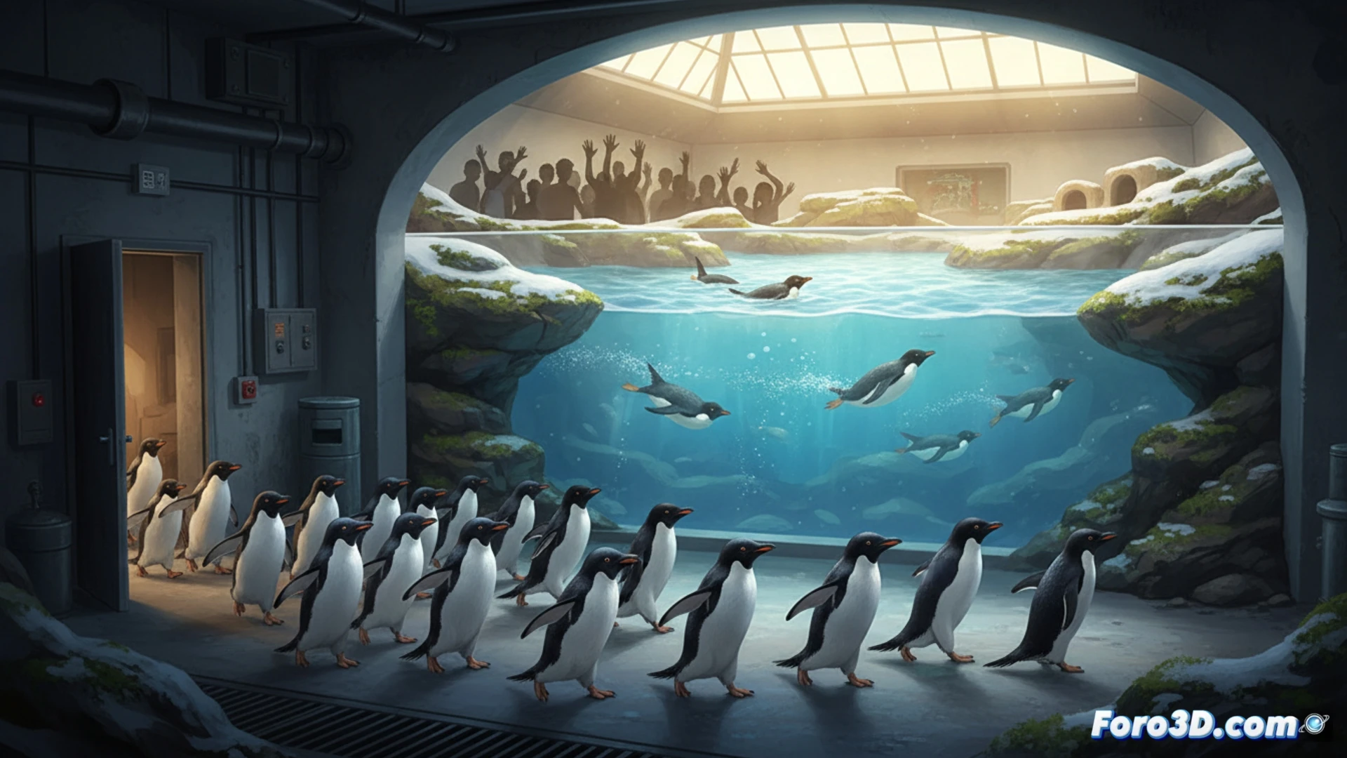 Underwater viewing gallery renovation, aquarium workers installing larger glass panels and LED lighting systems, concrete floor being cut for deeper pool excavation, ventilation ducts being mounted overhead, fourteen king penguins temporarily housed in transparent holding tanks nearby, photorealistic technical illustration, construction tools scattered on wet floor, bright blue water contrasting with grey concrete walls, dramatic shadows from industrial lamps, hyper-detailed plumbing and filtration equipment visible through cutaway walls, cinematic wide-angle composition showing simultaneous demolition and assembly action