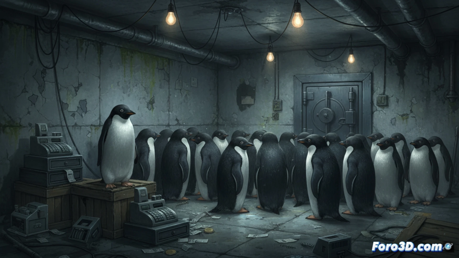 industrial basement scene, penguins huddled in a cramped concrete room with no windows, faint emergency light casting long shadows, ventilation ducts rusted and disconnected, a single digital thermometer showing high temperature and humidity, penguins pressing against a locked metal door while a security camera watches, cracked floor tiles and stagnant water puddles, photorealistic technical illustration, cold blue-gray color palette, harsh shadows, gritty texture, dramatic cinematic lighting, no text or labels visible.