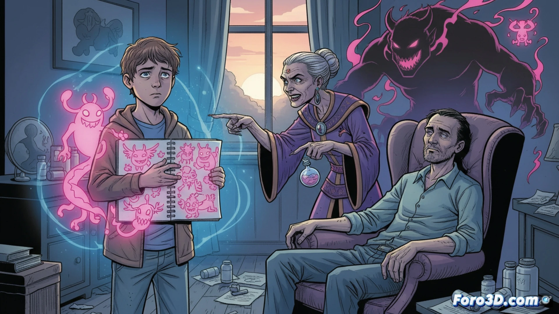 A teenage boy sits at a messy desk drawing monsters in a sketchbook, his father slumped on a couch in the background. A stern-faced woman in folk clothing points accusingly at the drawings, while the boy clutches a pencil, his expression defiant. The room is dimly lit by a desk lamp, casting long shadows. Cinematic storytelling, realistic comic-book style, emotional tension, visible pencil strokes and paper texture, warm amber light contrasting with cold blue shadows, photorealistic character render, dramatic composition.
