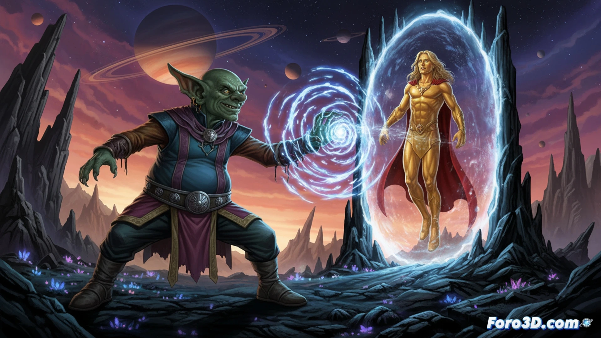 Pip el Troll, alienígena verde y astuto, teletransporta a Warlock en un brillo cósmico púrpura.