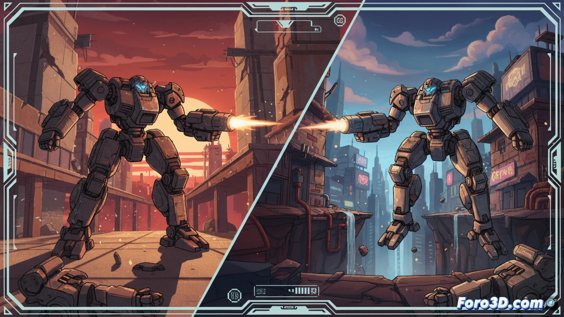 Captura de Slave Zero X mostrando sprites animados sobre escenario low-poly con iluminación dinámica