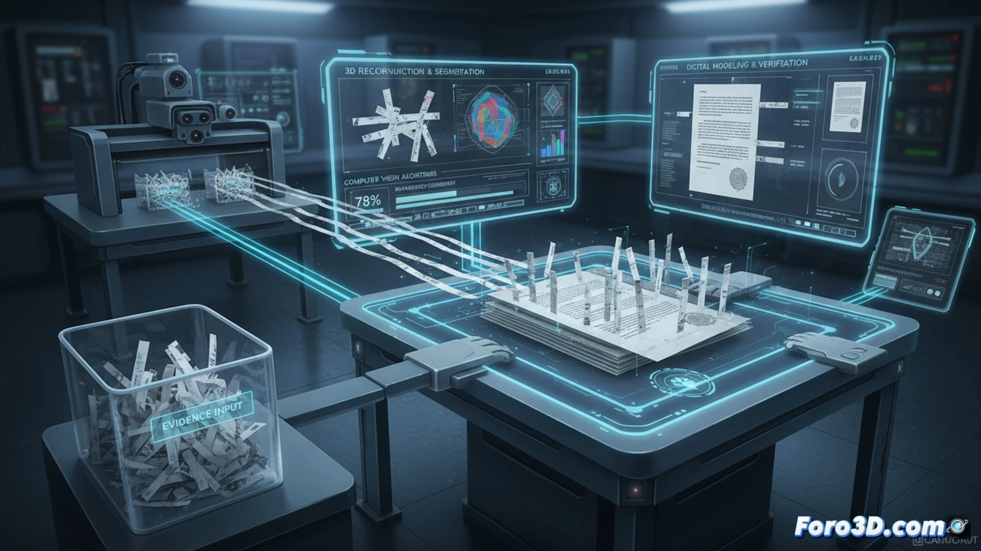 Escaneo 3D de fragmentos de papel triturado para reconstrucción forense digital de documentos de espionaje