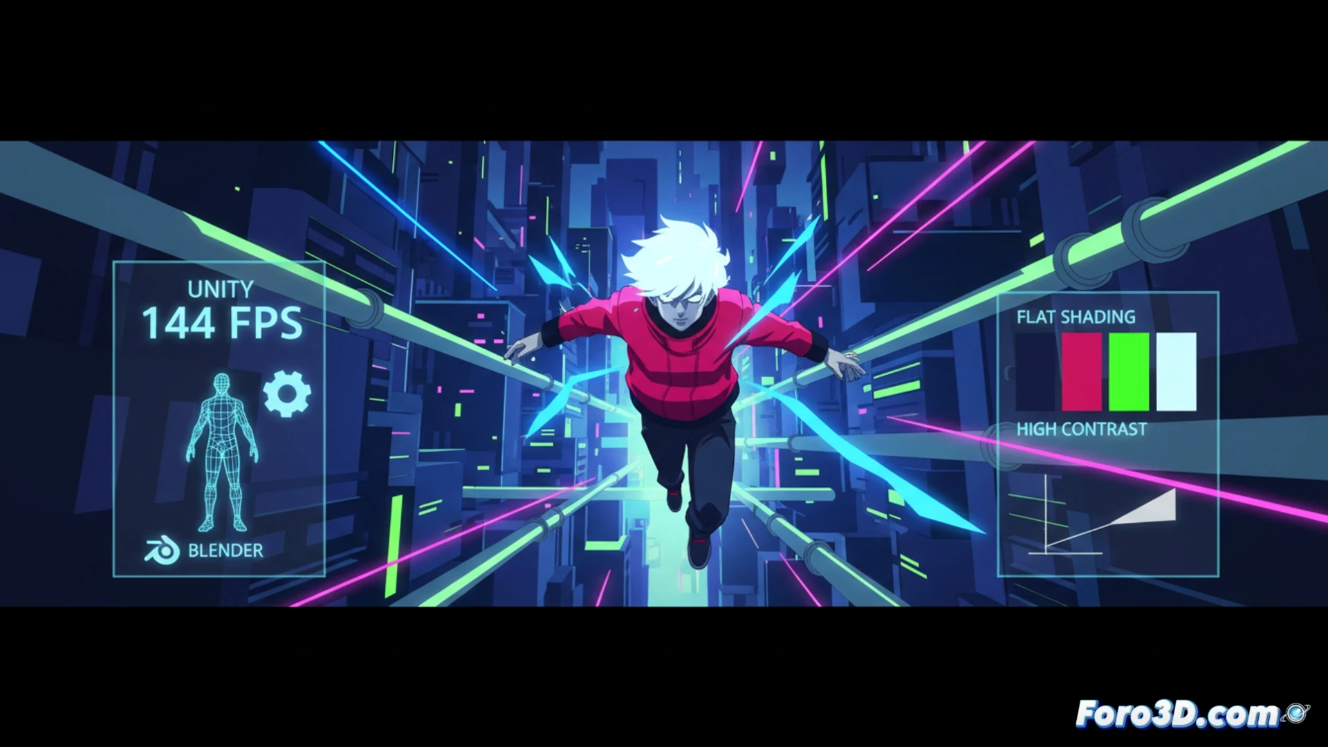 Escena de Neon White con personaje anime saltando sobre fondos de colores planos y alto contraste