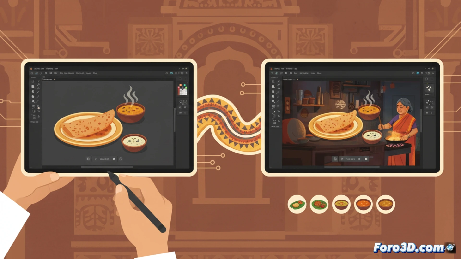 Ilustración digital de cocina tamil con colores vibrantes y texturas vectoriales para videojuego narrativo