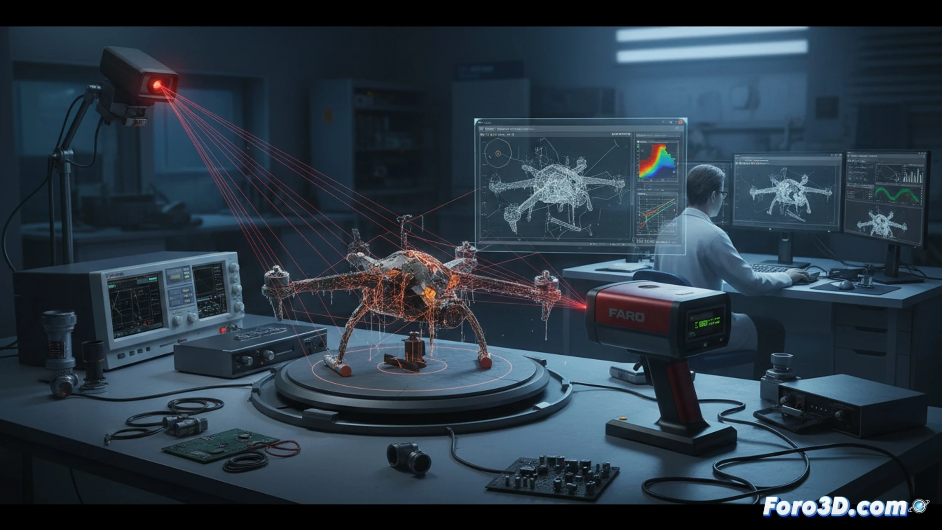 Escaneo 3D de dron derribado con daño térmico por láser para análisis forense y simulación