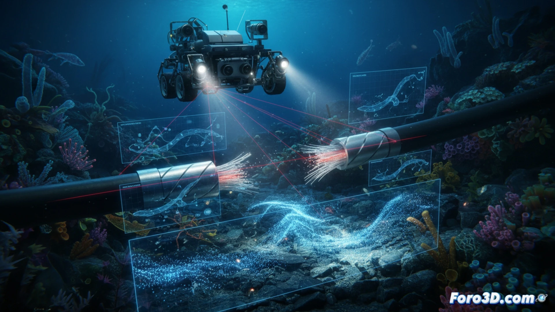 ROV inspecciona tubería submarina dañada con cámara de alta resolución a 3000 metros de profundidad