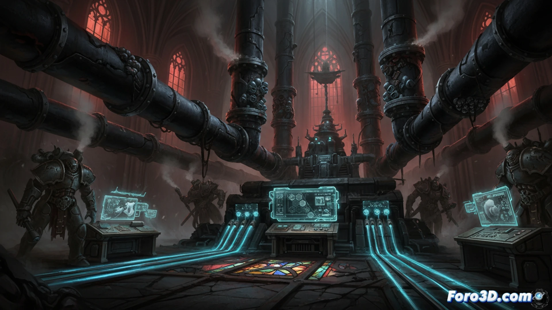 Escenario gótico-industrial de Darktide con iluminación global y texturas detalladas en ZBrush y Substance Painter