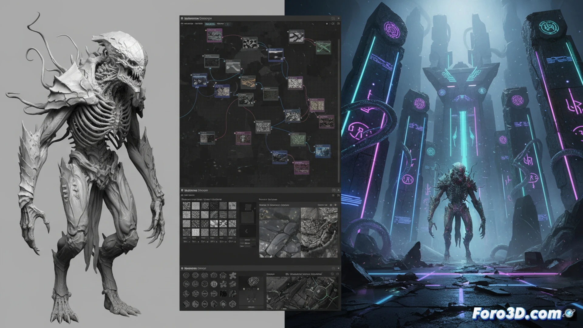Pipeline técnico Dolmen Unreal Engine 4 ZBrush Substance Designer horror cósmico neón