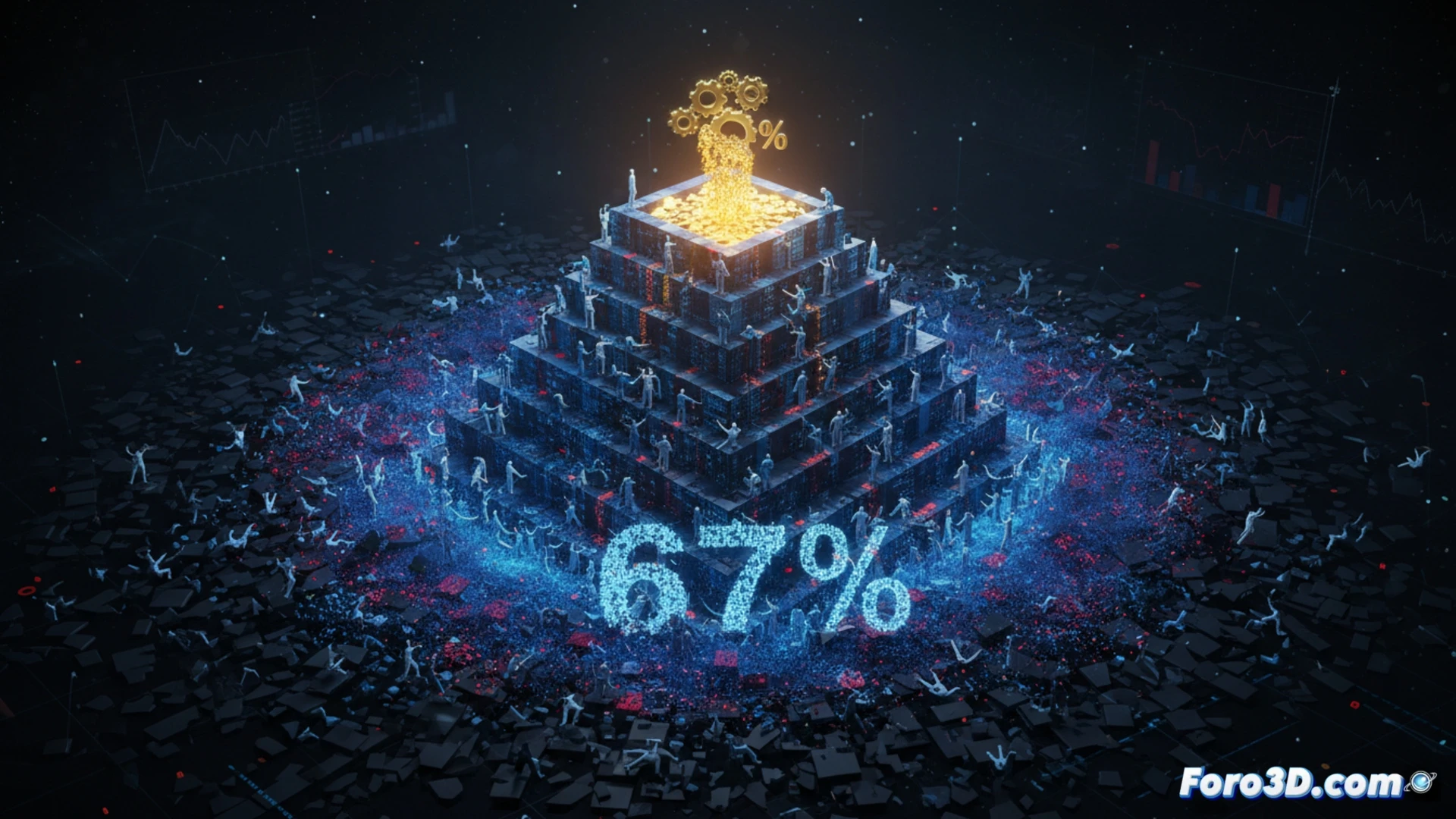 Piramide financiera 3D con datos de Polymarket mostrando concentracion de ganancias en elite de usuarios