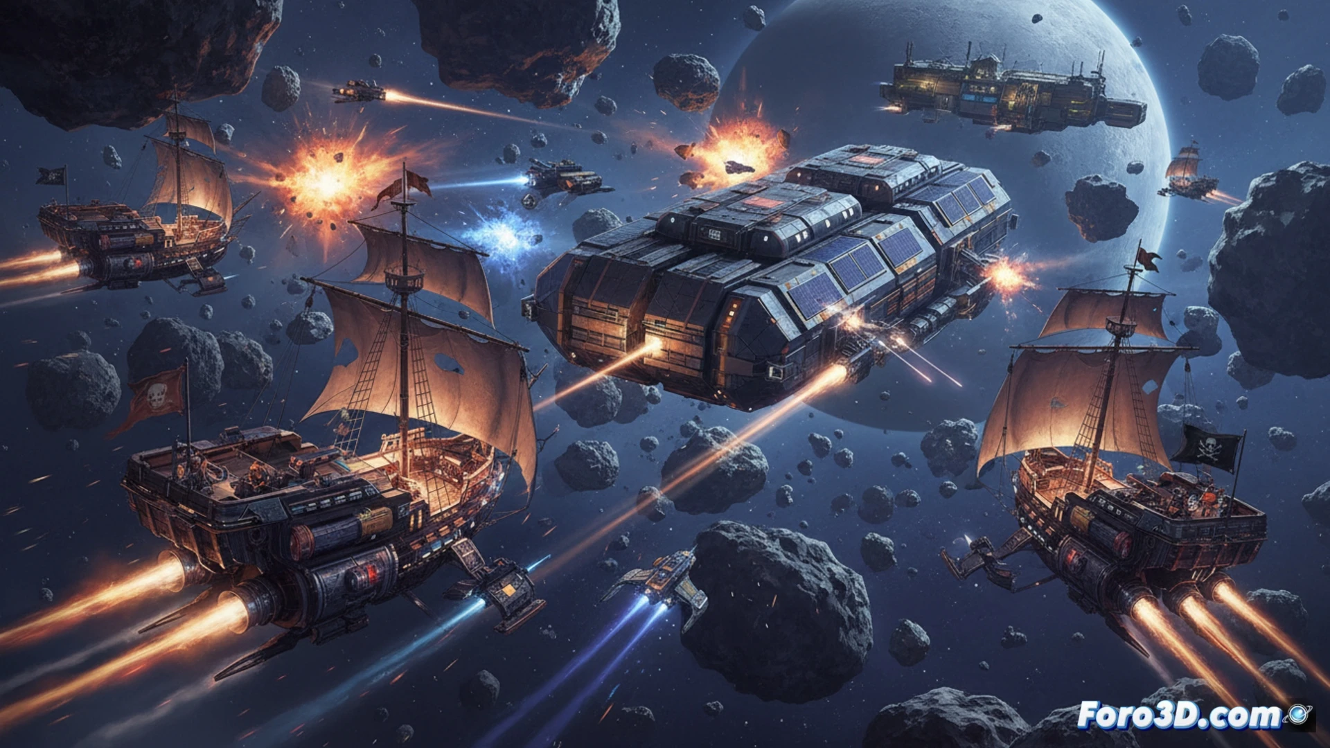 Lunar mining outpost under attack, pirate spacecraft docking aggressively to a rotating asteroid refinery, sparks flying from breached airlock doors, robotic arms flailing while security drones intercept with red warning beams, astronauts in pressurized suits scrambling to activate emergency bulkheads, debris floating in zero gravity, holographic defense grid activating around a glass-domed habitat, cinematic photorealistic engineering visualization, ultra-detailed metal surfaces with micrometeorite scars, dramatic side lighting from distant sun, motion blur on grappling hooks and thrusters, glowing orange fuel leaks against black starfield, technical illustration style with cross-section view of internal pressure systems failing
