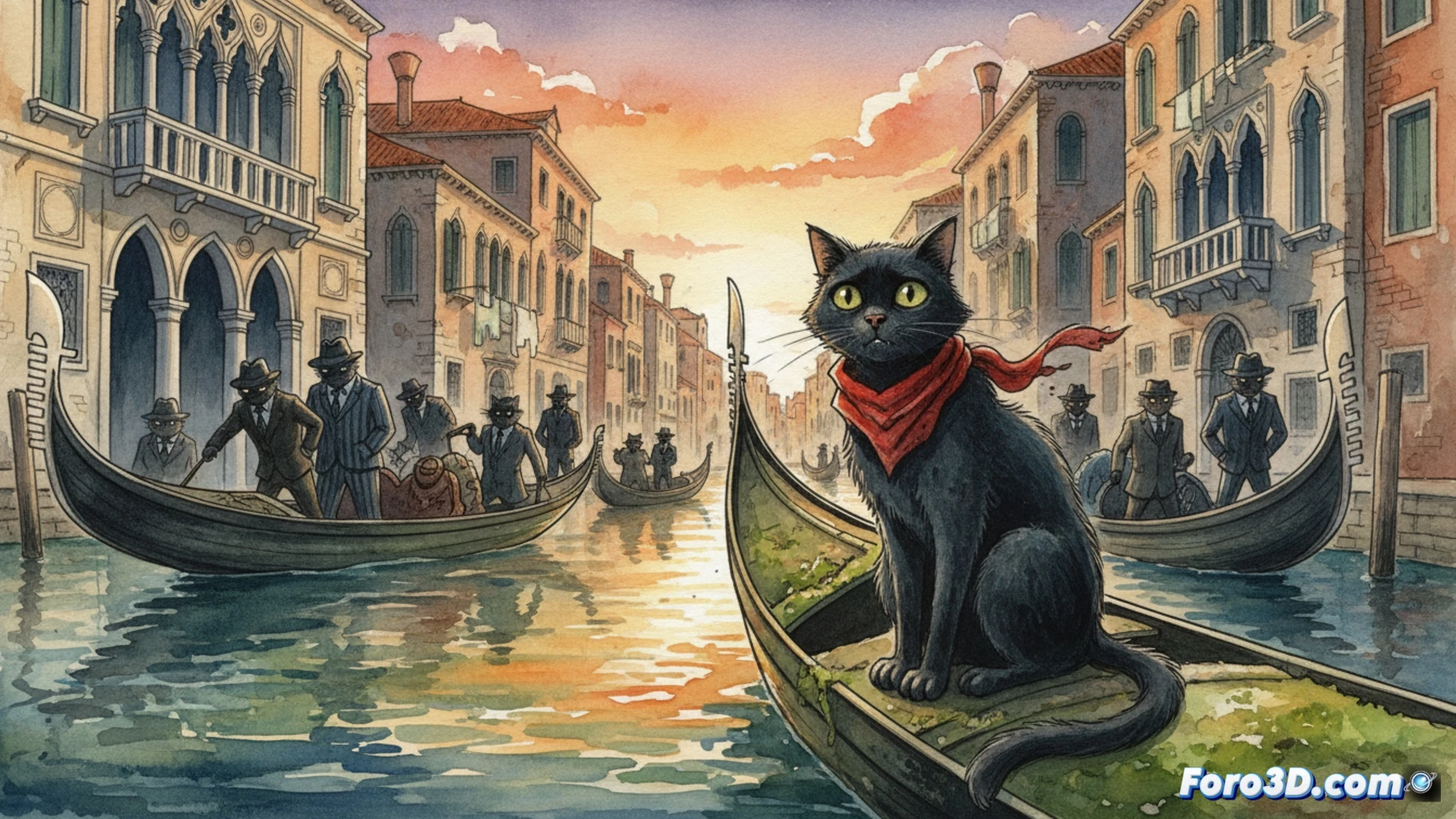 Venetian canal scene during hand-painting animation process, Nero the cat balancing on a gondola while ink and watercolor brushes float mid-air, technical illustration style, showing wet pigment layers blending on textured paper, paint splatters frozen in motion, wooden gondola with visible brushstroke texture, glowing canal water reflecting hand-drawn ripples, cinematic lighting from Venetian lanterns, detailed cat fur painted with fine strokes, watercolor wash technique visible on clouds and buildings, photorealistic mixed-media render