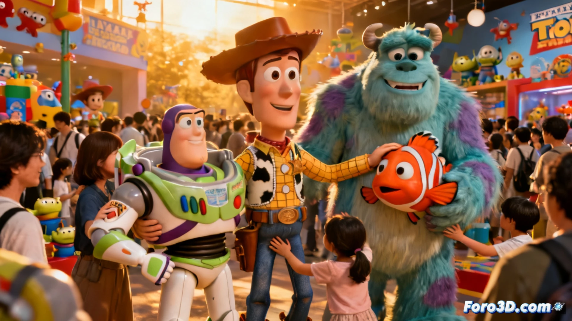 Dentro de una sala iluminada con tonos cálidos, un niño abraza a un enorme Woody de Toy Story mientras una niña se sienta junto a un Monstruo Sully. Al fondo, adultos tocan la textura de una réplica de la casa de Up. Luces suaves y sonrisas sinceras reflejan nostalgia palpable.