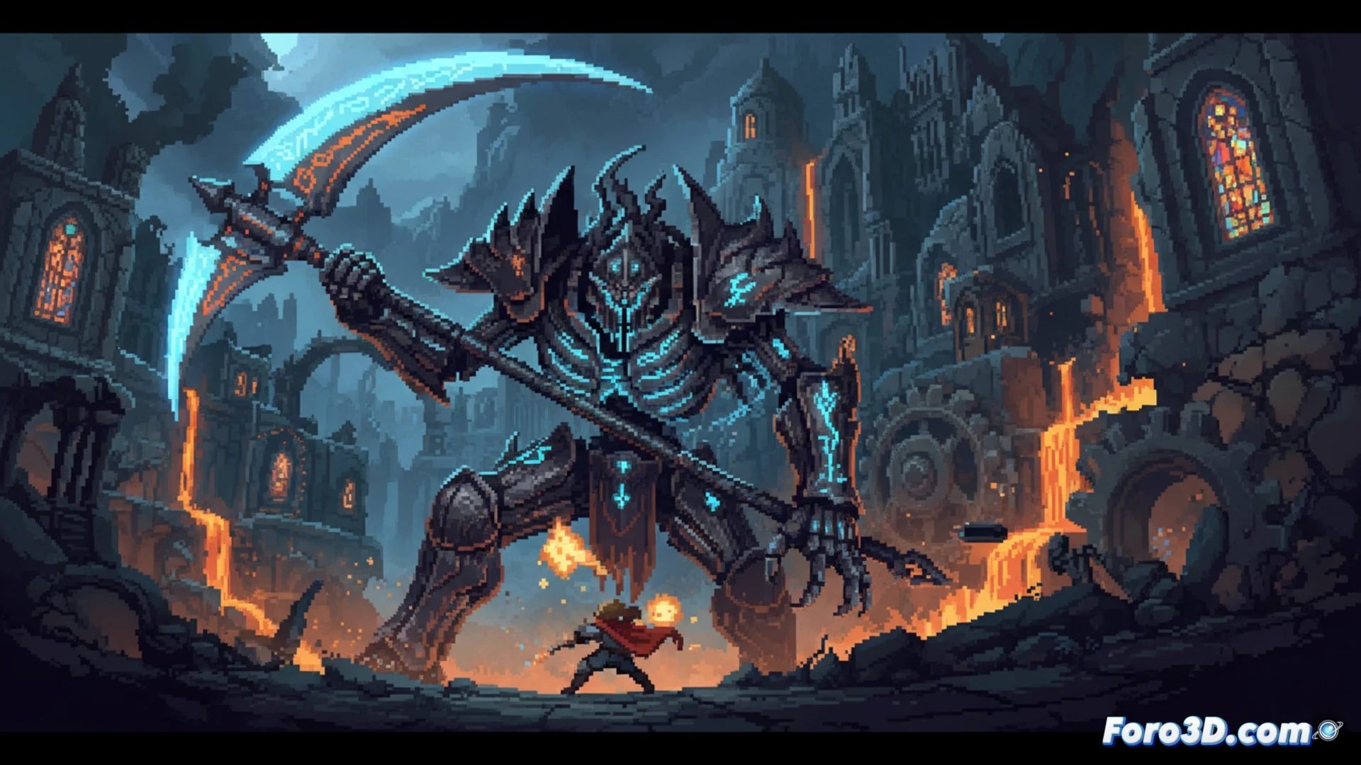 Pixel art épico de Death's Gambit Afterlife con jefe masivo y fondo animado en GameMaker