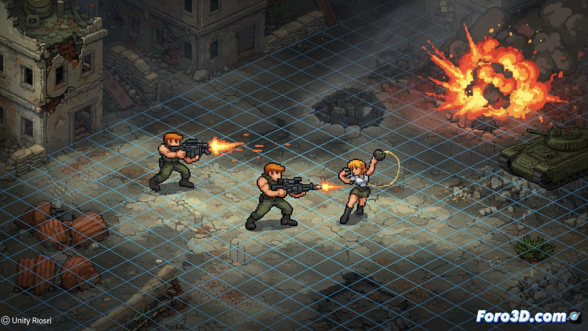 Pixel art isométrico de Metal Slug Tactics en Unity, sprites 2D con iluminación moderna