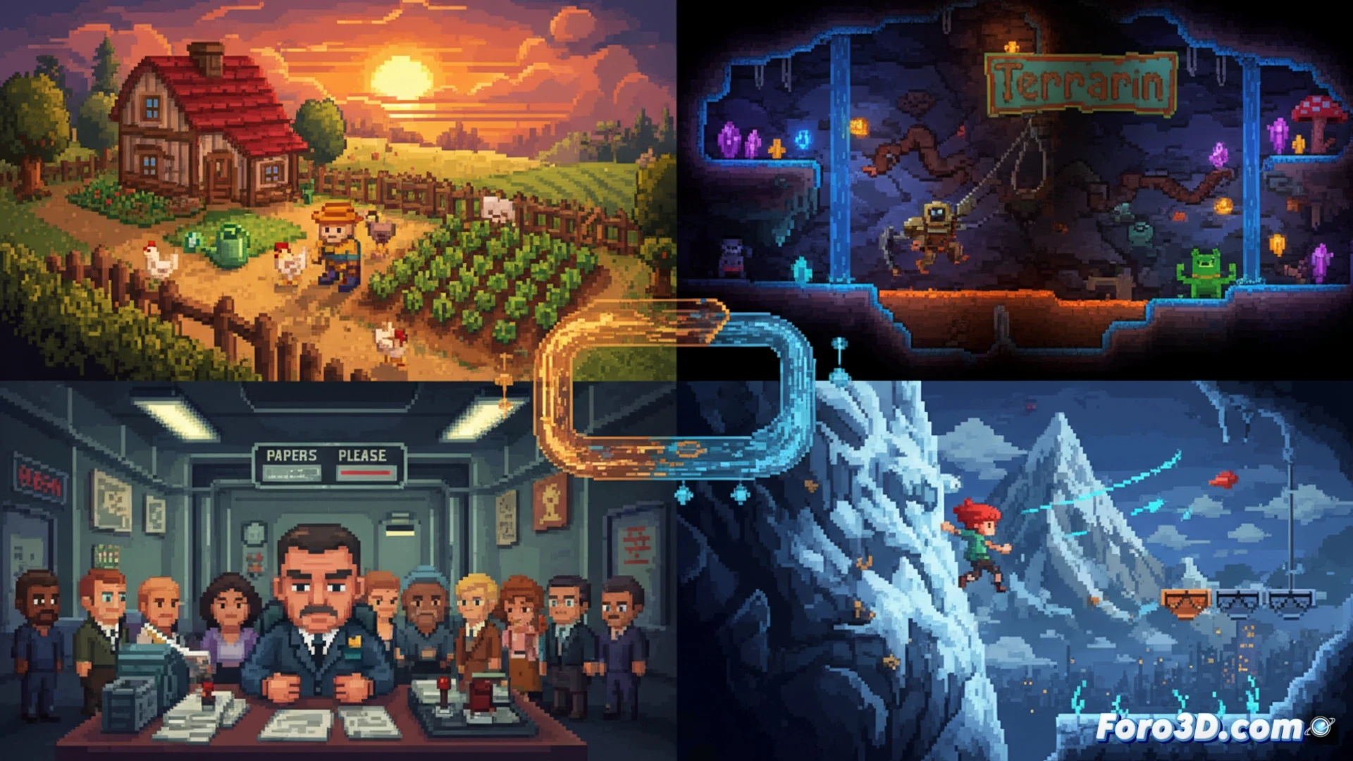 Cuatro viñetas pixel art: granja soleada, cueva con picos, oficina con sellos y montaña nevada. Estilo retro unido, géneros opuestos.