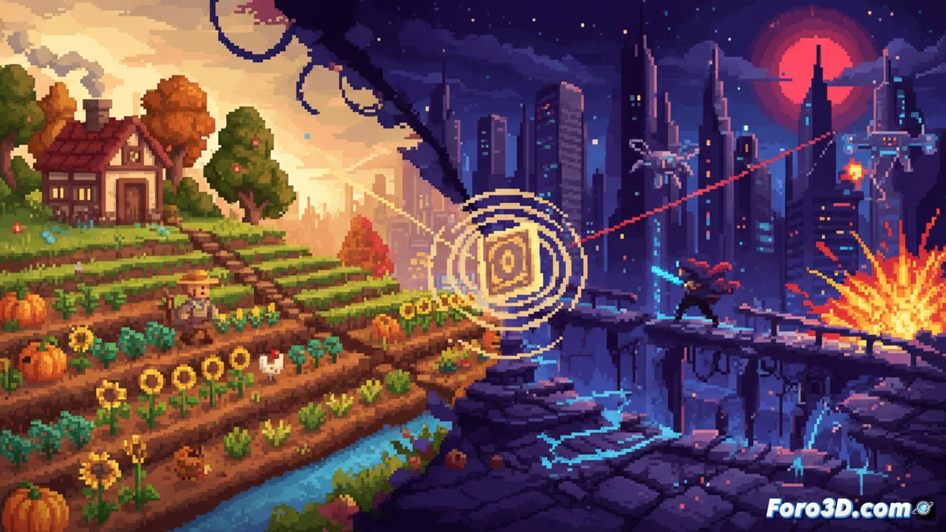 Una viñeta de pixel-art muestra un huerto sereno bajo un cielo anaranjado, mientras al fondo un personaje huye entre bloques de color que narran calma y tensión.