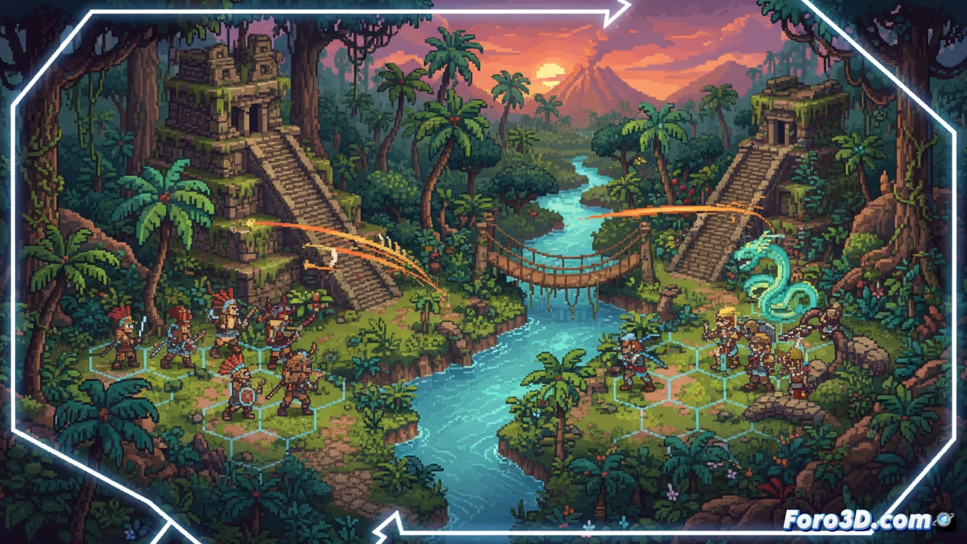 Pixel art táctico en Unity con combate simultáneo y biomas inspirados en la cultura mesoamericana.