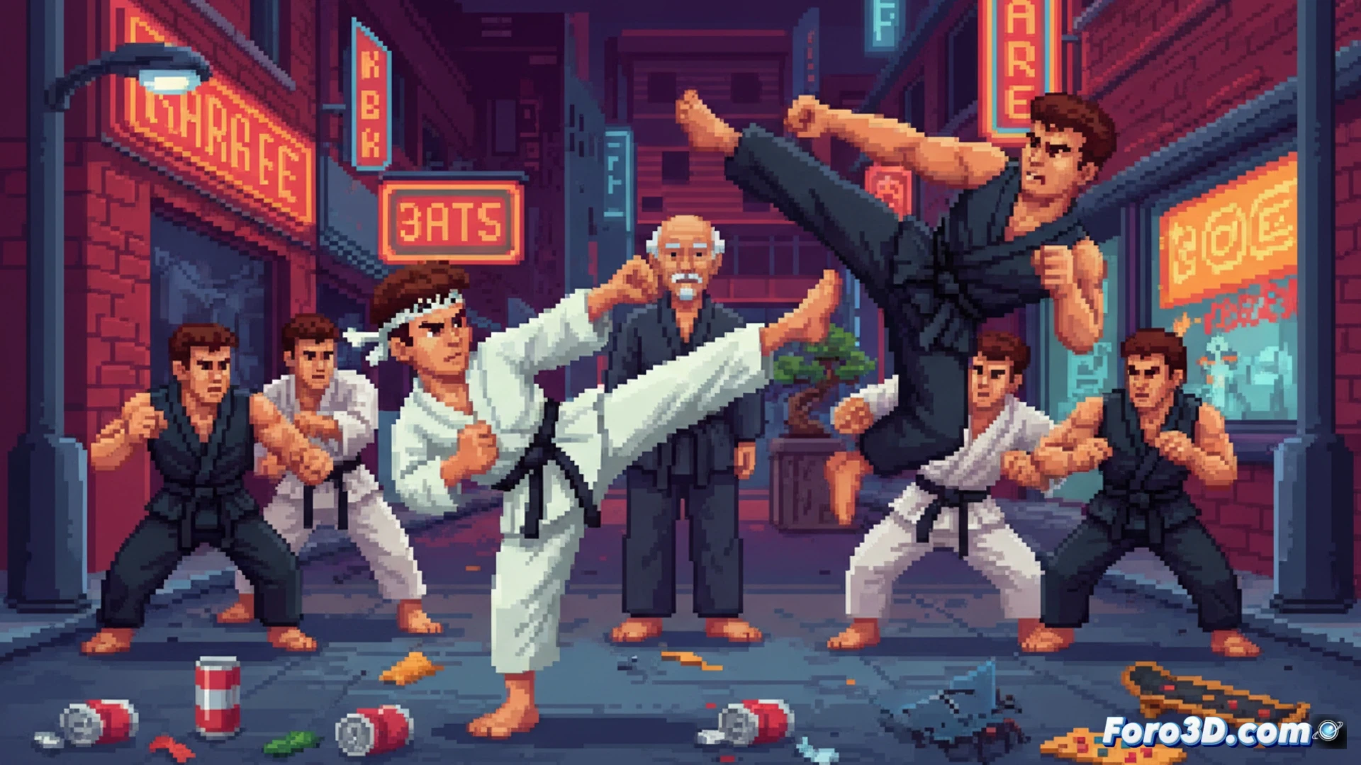 Pixel art 16 bits de Karate Kid peleando en callejón ochentero, estilo arcade retro