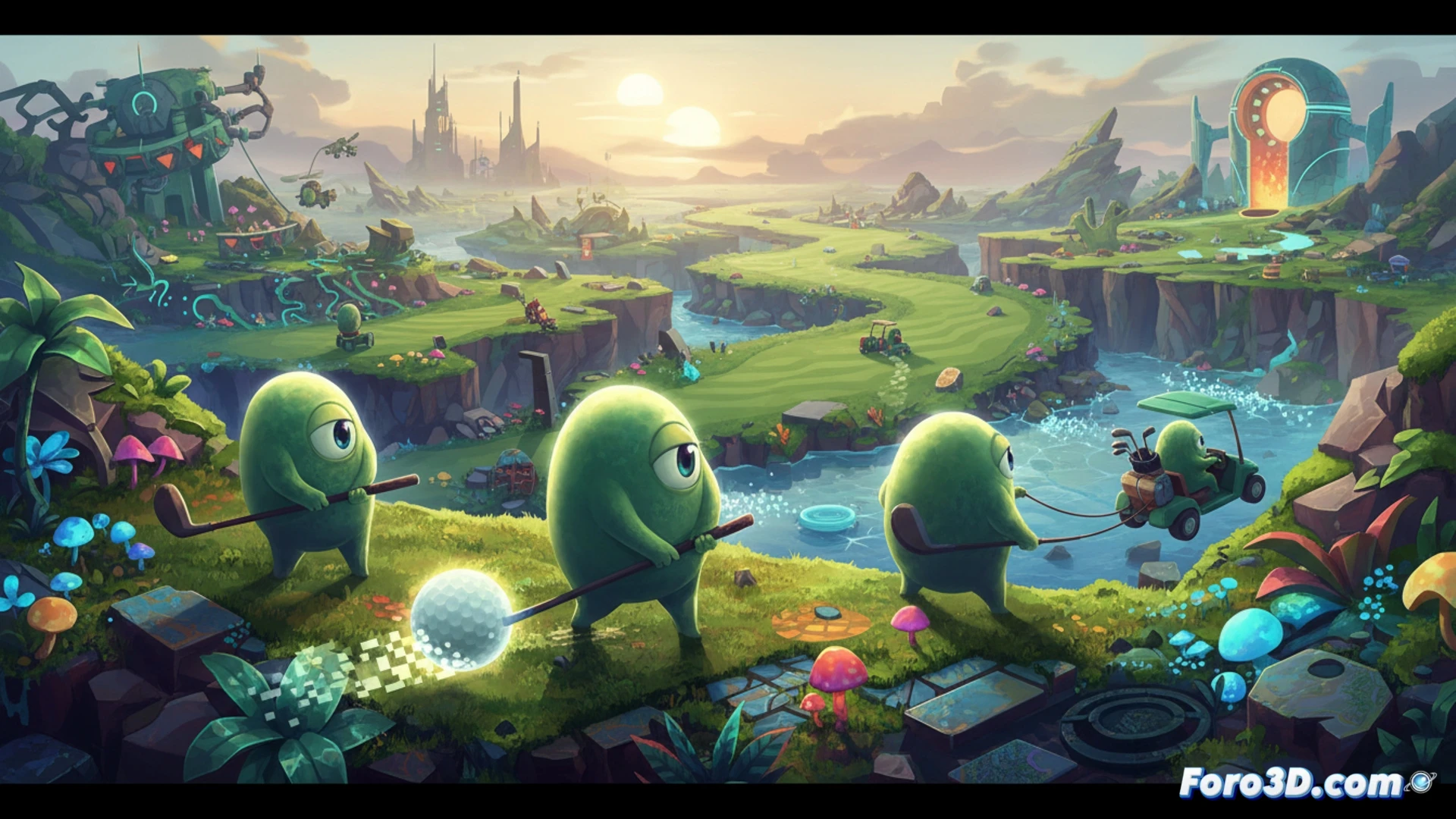 two players using arcade-style golf controllers on a futuristic green course, one character swinging a glowing club while a digital ball traces a bright arc through the air, the other player adjusting a holographic wind gauge on a handheld device, open-world background showing floating islands and pixel-art trees, cinematic technical illustration, vibrant neon greens and blues, motion blur on the ball trajectory, particle effects from the club impact, detailed mechanical controller buttons and LED indicators, photorealistic game asset render with soft ambient lighting