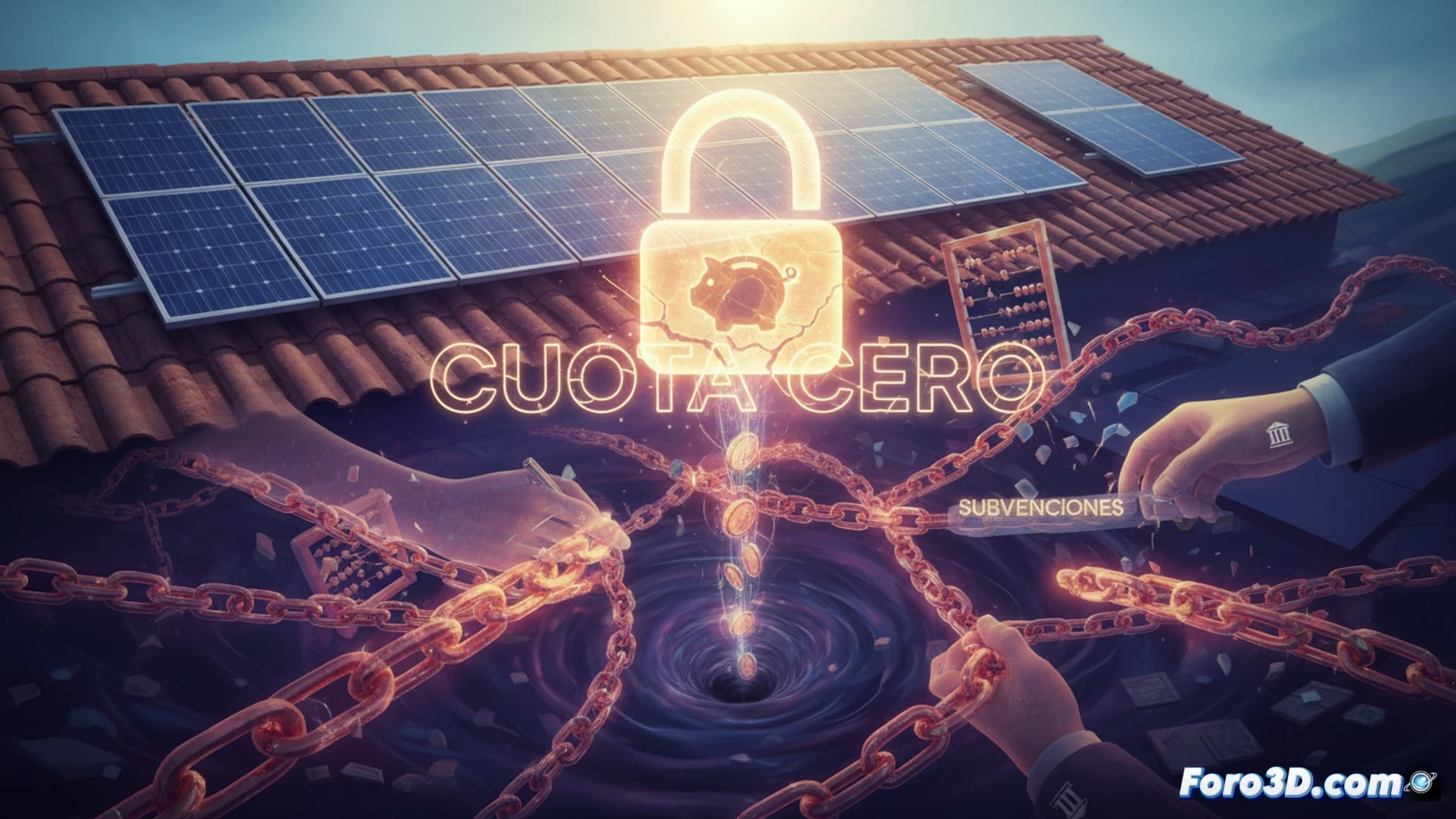 Visualización 3D de placa solar con gráficos financieros ocultos y deuda invisible en contrato