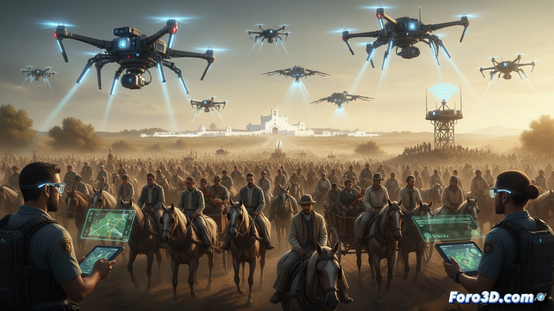Aerial view of a vast procession of pilgrims crossing a dusty Andalusian landscape at dawn, multiple drones hovering overhead with glowing sensor arrays, emergency coordination center visible with holographic maps and real-time data streams on transparent screens, paramedics on all-terrain vehicles moving through the crowd, thermal imaging cameras scanning the route, satellite communication antennas on command vehicles, cinematic technical illustration style, golden sunrise light casting long shadows, dust particles illuminated, ultra-detailed terrain and figures, photorealistic engineering visualization