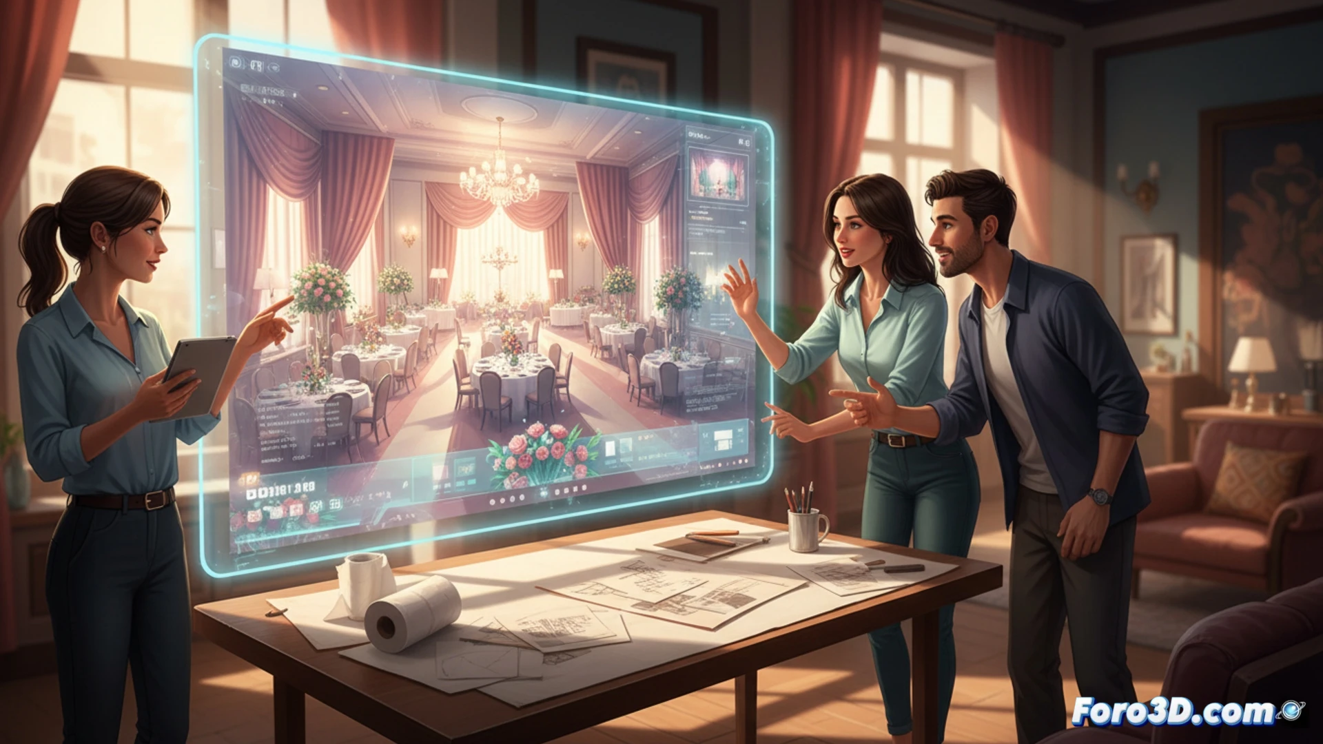 Una wedding planner ajusta velas y flores en una pantalla 3D, mientras el gemelo digital del salón muestra mesas y sillas perfectamente distribuidas.