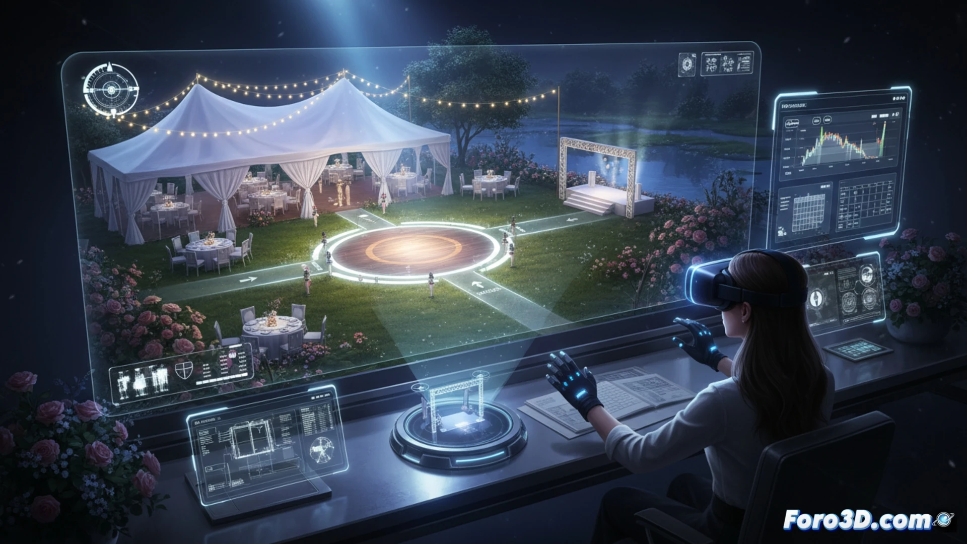 Planificador 3D ajusta carpa y pista de baile en boda al aire libre, con asistentes virtuales y luces simuladas.