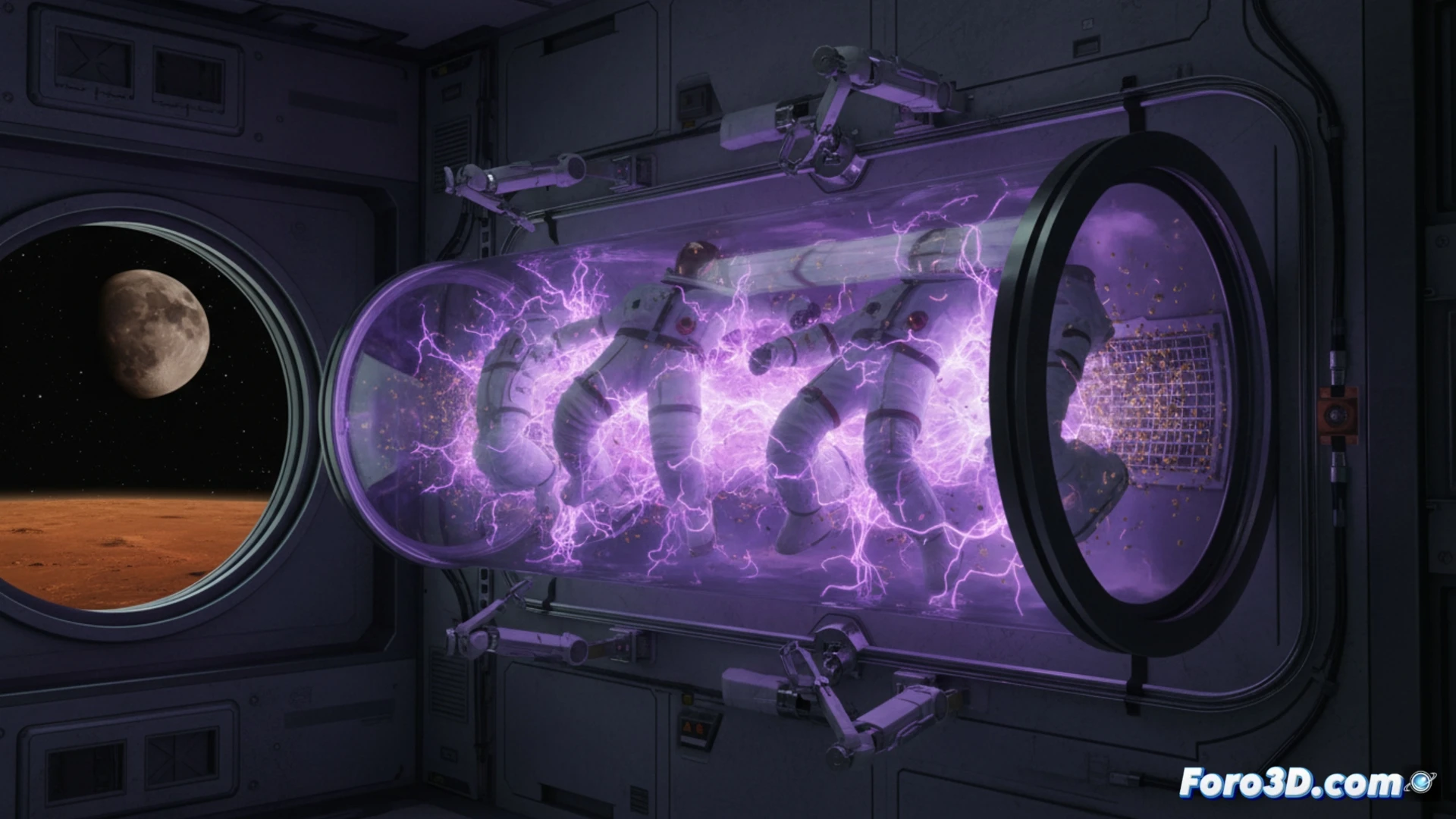 astronauta en traje blanco dentro de módulo espacial flotando en microgravedad, sosteniendo una prenda deportiva sucia mientras un chorro de plasma púrpura brillante incide sobre la tela, microbios y partículas de suciedad desprendiéndose y flotando en el aire, panel de control con indicadores luminosos mostrando nivel de limpieza y eliminación de bacterias, fondo con ventana que muestra la Tierra, iluminación interior blanca y fría contrastando con el resplandor violeta del plasma, cinematic engineering visualization, photorealistic technical render, ultra-detailed