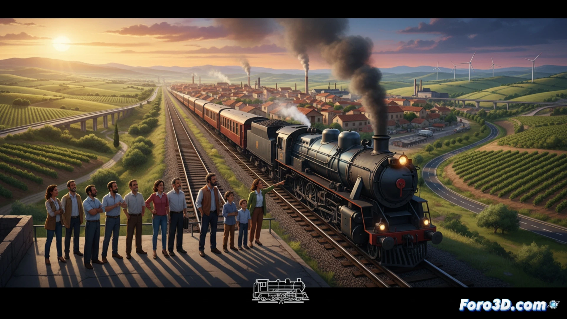 Un tren moderno cruza un paisaje manchego al atardecer, con carteles de la PFCM y personas reunidas en una estación.