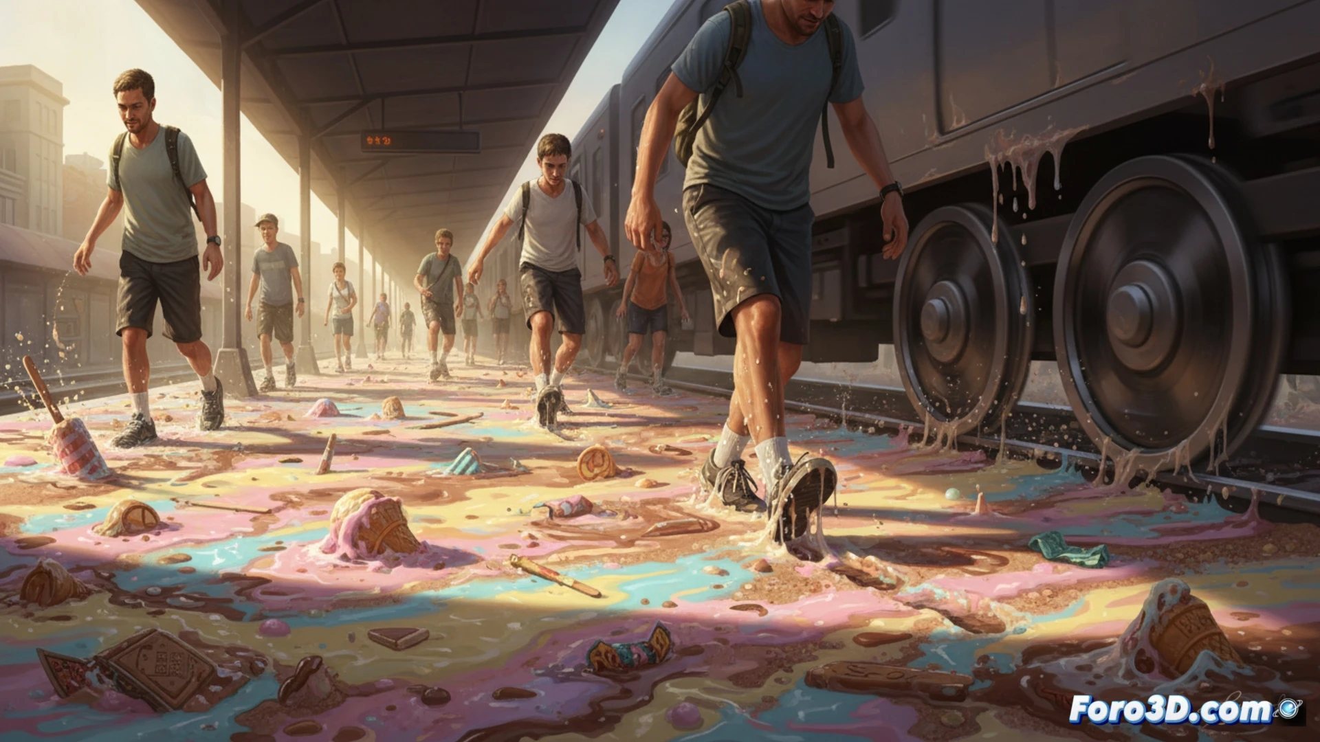 Aerial view of a crowded train platform in August, commuter shoes stuck to melted ice cream and sticky puddles forming a viscous layer on the hot asphalt, passengers lifting their feet with visible effort while sticky residue stretches between soles and ground, railway tracks in background with heat haze rising from rails, photorealistic engineering visualization, close-up showing sand and sweat mixed into amber-colored adhesive patches, industrial lighting casting long shadows, hyper-detailed textures of melted sugar and rubber, cinematic summer heat atmosphere, technical urban infrastructure study, action of peeling footsteps creating audible tension