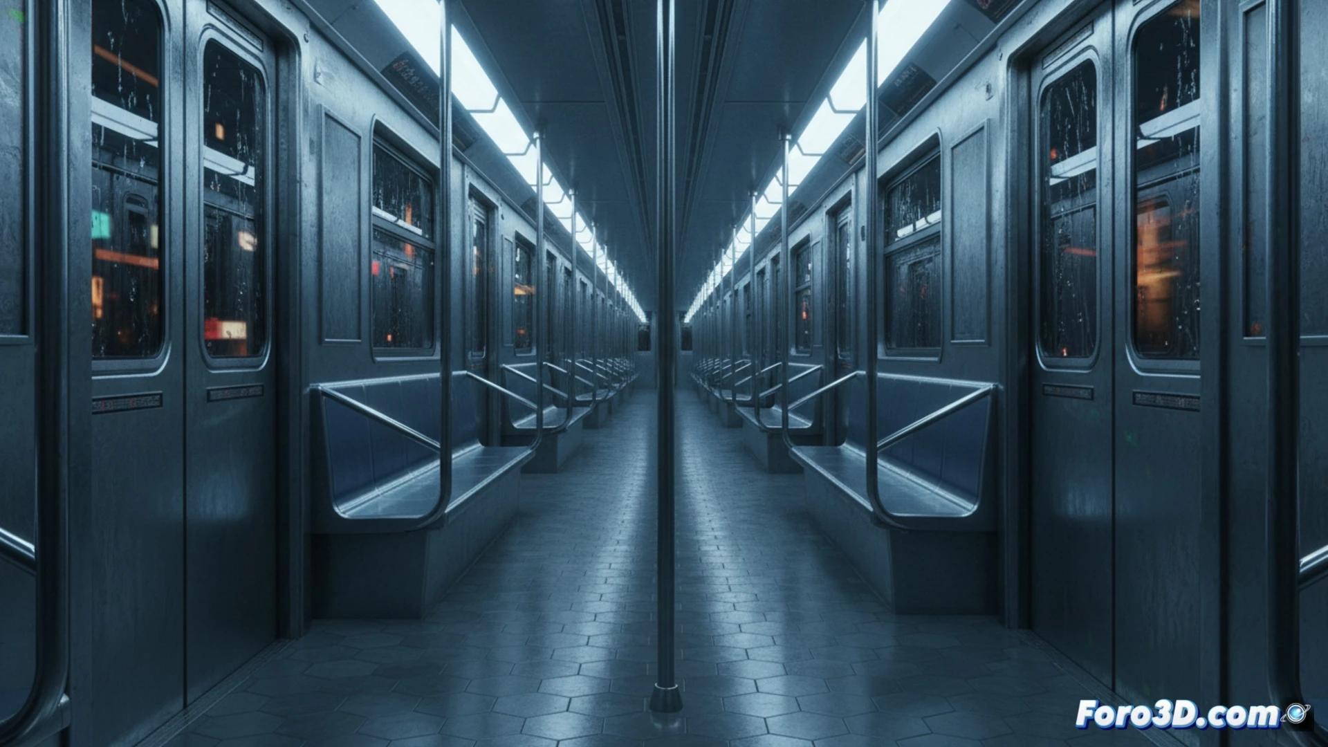 Vagón de tren infinito con reflejos metálicos y cristales fotorrealistas en Unreal Engine 5