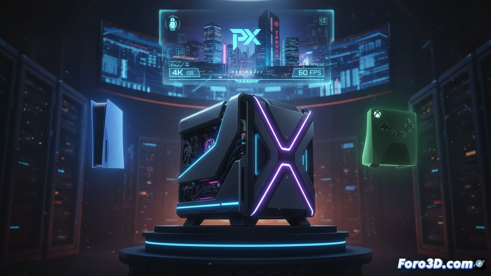 Un PC gaming con diseño de consola negra y luces LED azules, junto a un mando inalámbrico, corre Cyberpunk 2077 en 4K.