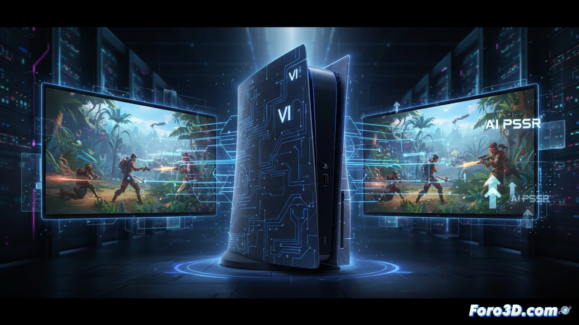 Una consola PlayStation 6 futurista emite un haz de luz azul. Una IA procesa fotogramas duplicando los FPS con tecnología PSSR mejorada.